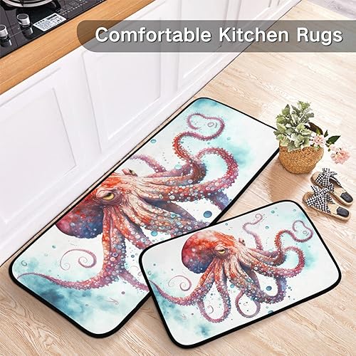 Miniatura 5 de Juego de 2 tapetes de cocina (pulpo naranja) y antifatiga, acolchados, absorbentes de agua, antideslizantes, decorativas, para cocina, dormitorio,