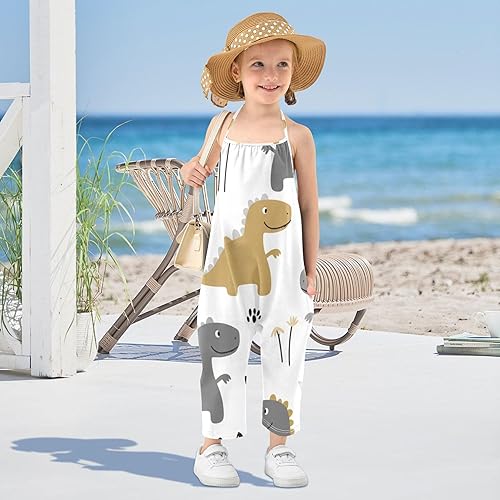 Cute Cartoon Dinosaurs Gray Little Girls Jumpsuit Toddler Romper Halter Backless Fun Cotton Sunsuit Baby(4T)
