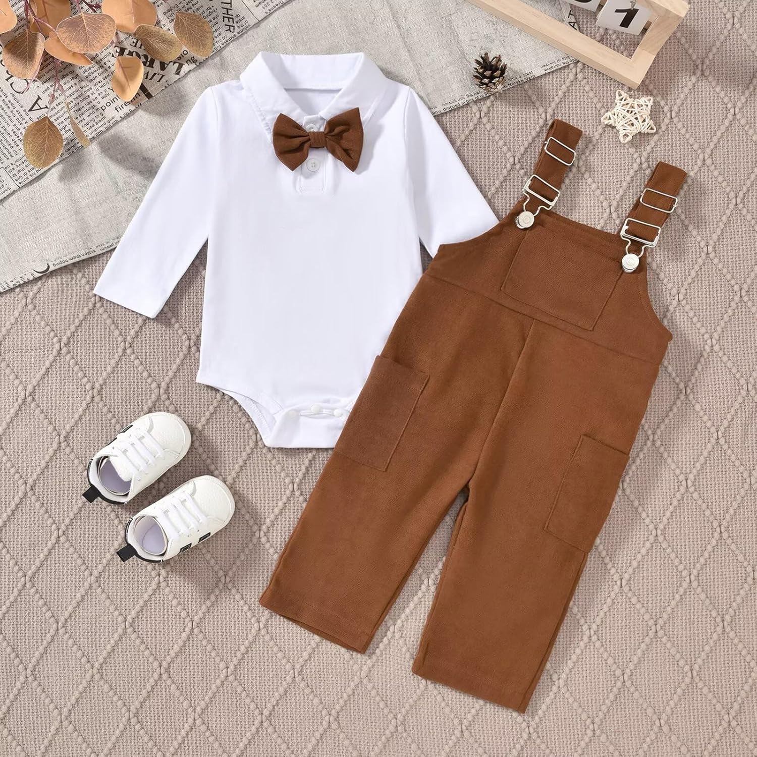Unutiylo Baby Boy Clothes Suit 2PCS Toddler Gentleman Outfits Bowtie Romper Overalls Pants 0-24 Months