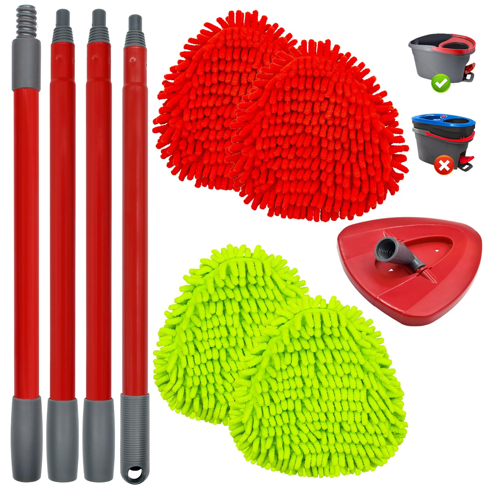 Hezane 6 Packs Mop Head Replacements & 4-Section Spin Mop Handles for Ocedar, and Spin Mop Base Compatible with O-Cedar EasyWring 1 Tank Spin Mops Refills