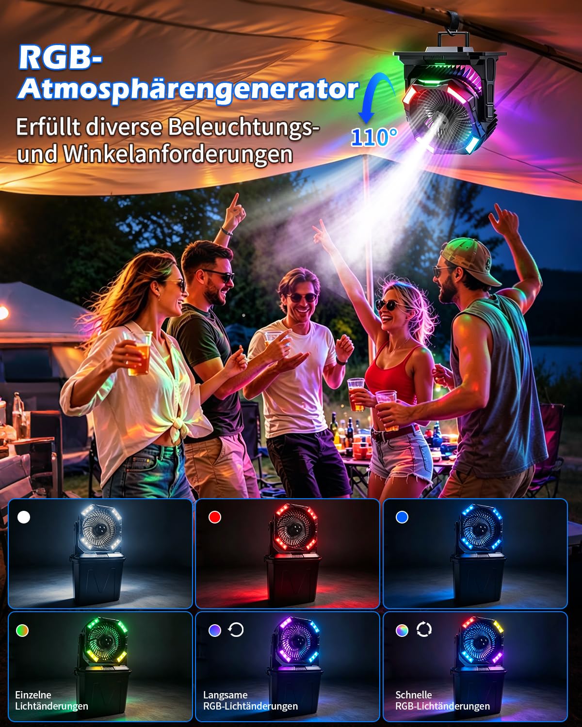 yAyusi 10L Großer Tragbarer Nebelventilator für Den Außenbereich mit RGB-Beleuchtung, 3-in-1 20000mAh Akku-Wasservernebler mit Fernbedienung＆Timer, 4 Geschwindigkeiten 4 Sprühmodi für Terrasse/Camping