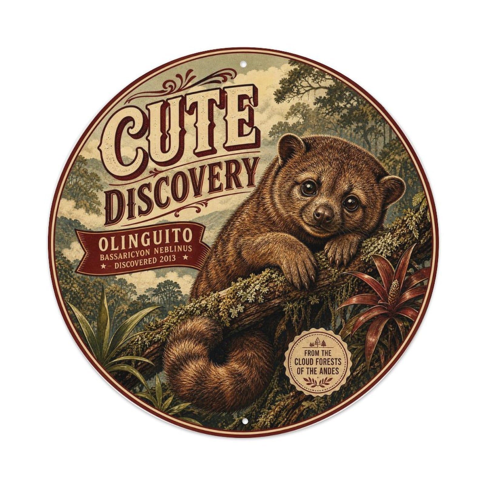 Olinguito Vintage Cloud Forest Wildlife Folk Style Metal Tin Sign
