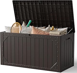 Outdoor Storage Box, 100 Gallon Deck Box Outdoor Storage Bench Outside Waterproof Resin Storage Bench, Lockable Patio Cushions, Garden Tools Storage For Furniture, UV Resistant(Brown)