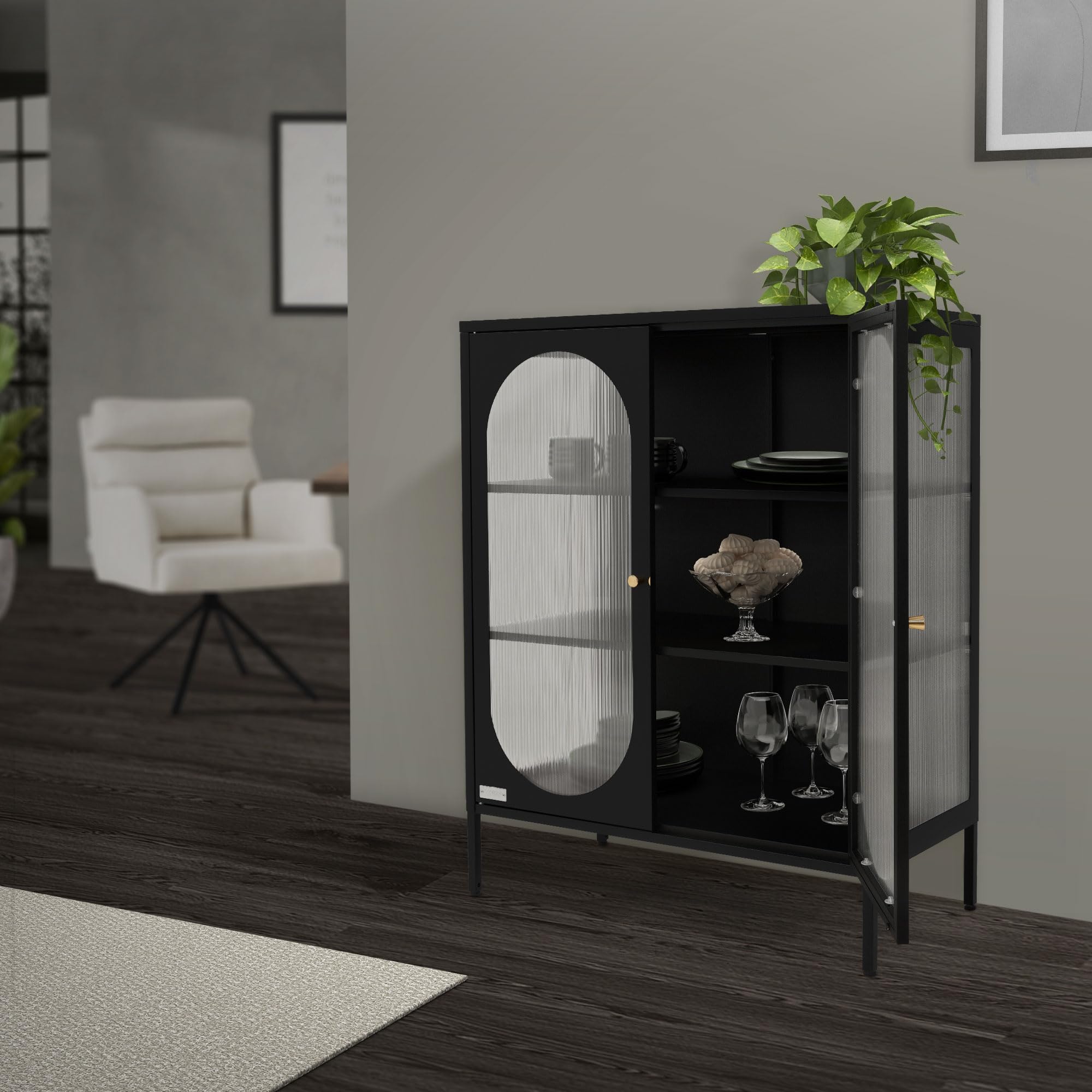 ML-Design Vetrina 80x102,5x40 cm Nero con 3 Ripiani e 2 Ante Mobile da Soggiorno in Metallo Vetrinetta in Acciaio Stile Industriale Cassettiera Libreria Schedario da Terra Credenza