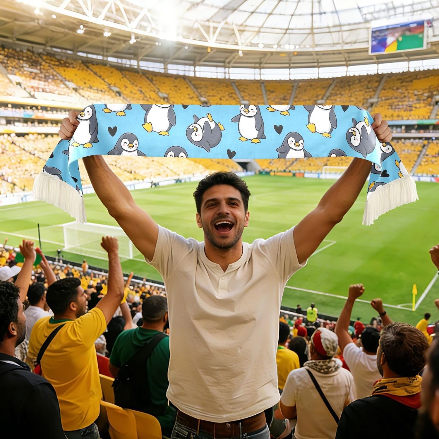 CHIFIGNO Cute Cartoon Penguins Blue Sports Fan Scarf, Soft Polyester Cheering Towel Scarf for Soccer Fans, Quick Dry Sweat Towel with Fringe Ends