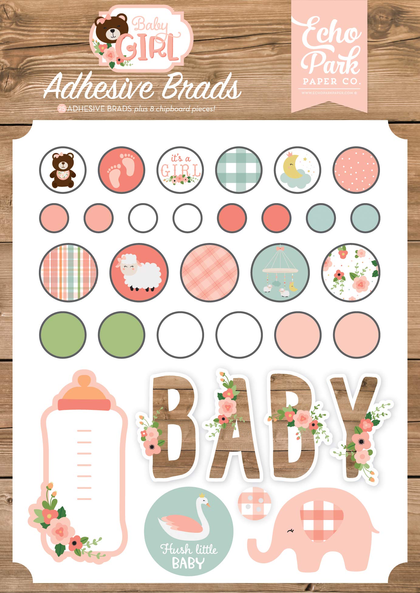 Echo Park Paper Company Baby Girl Adhesive decorative brads, pink, yellow, green, blue