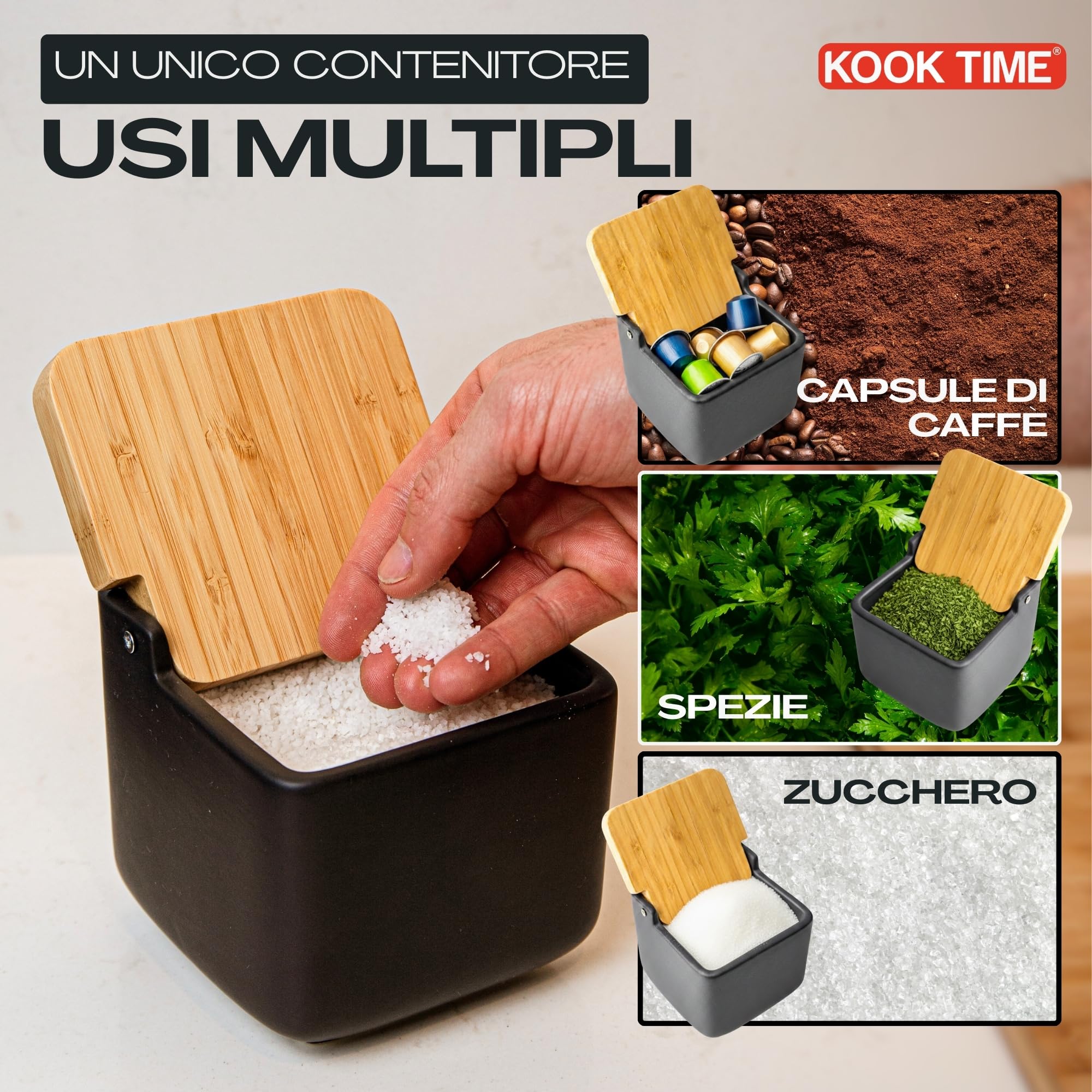 Porta sale grosso e fino, Barattoli sale per cucina o tavolo in ceramica con coperchio girevole in bambù ecologico, Barattolo sale grosso e fino, Dimensioni 11,2 x 11,2 x 11,2 cm. Nero