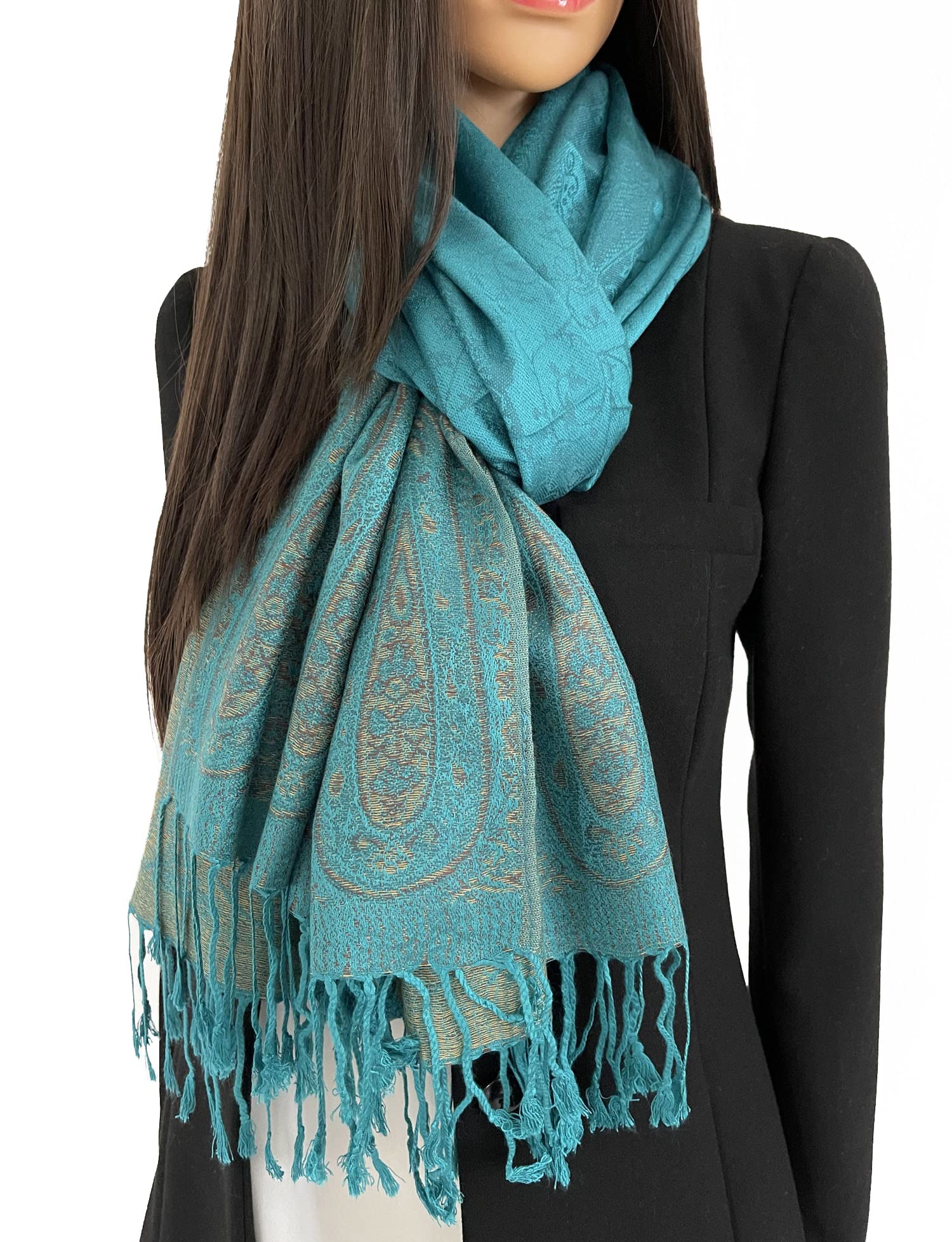 The Accessory Co. Women's Teal Paisley Pashmina Scarf Shawl Wrap - Large Long Paisley Floral Rainbow Scarves, Wearable Blanket Scarf, Winter Scarfs, Indian Shawl Wedding Evening Stole, Head Scarf (Teal Paisley)