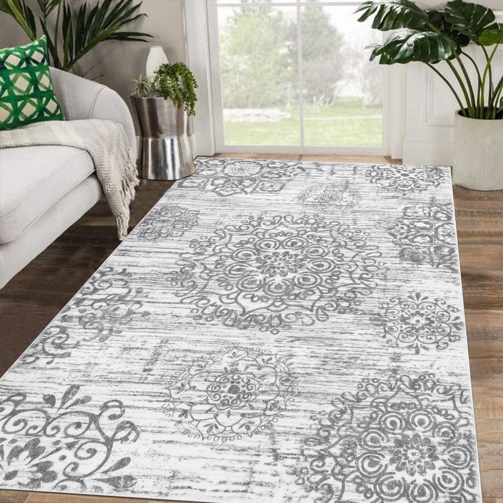 HEBE Washable Area Rug - 4'x6' Non Slip Soft Distressed Medallion Bedroom & Living Room Accent Throw Vintage Entry Floor Carpet for Dining Room &