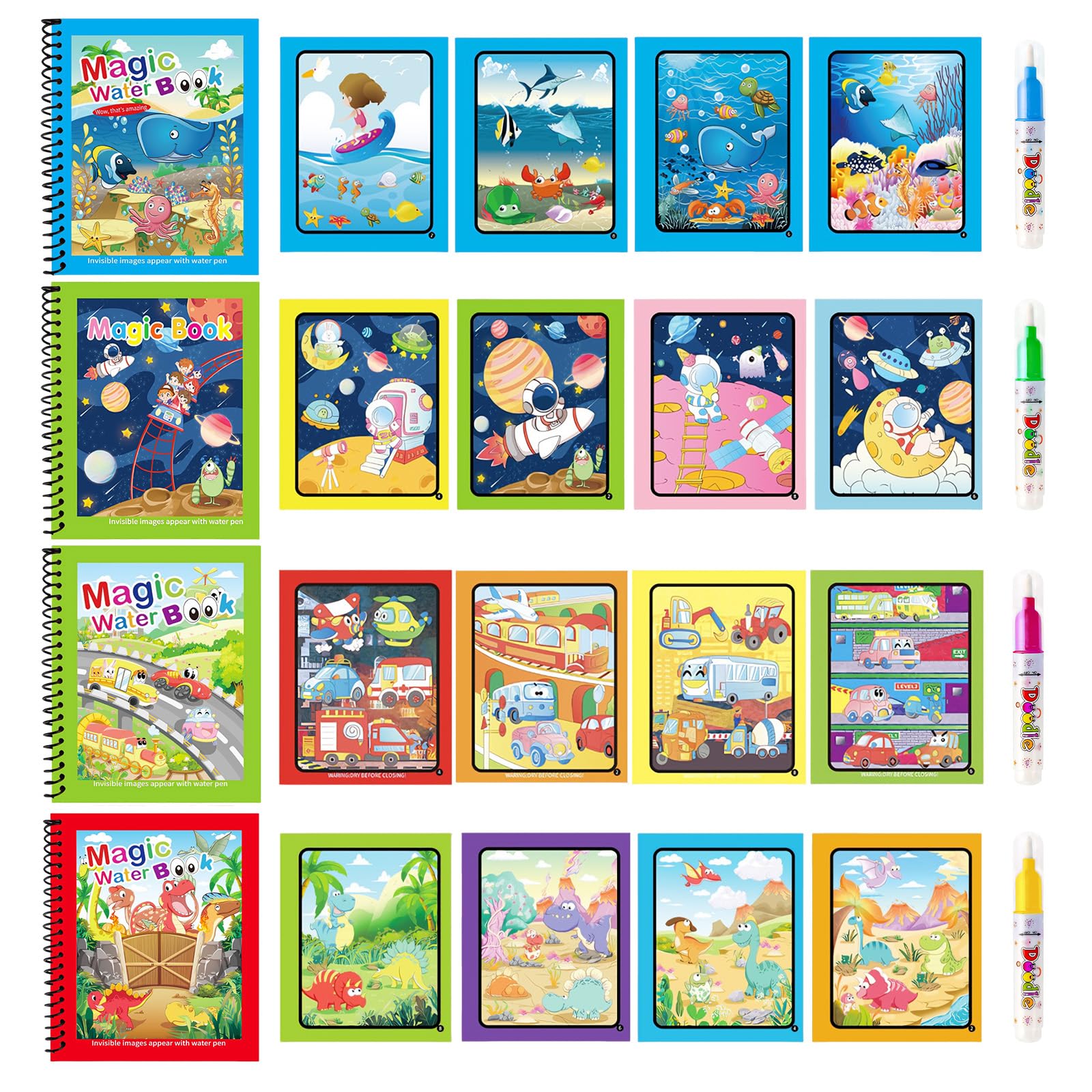 PORUPAEL 4 Pack Magic Water Colouring Books for Kids, Reusable Water Painting Books with 4 Pens - Image 3