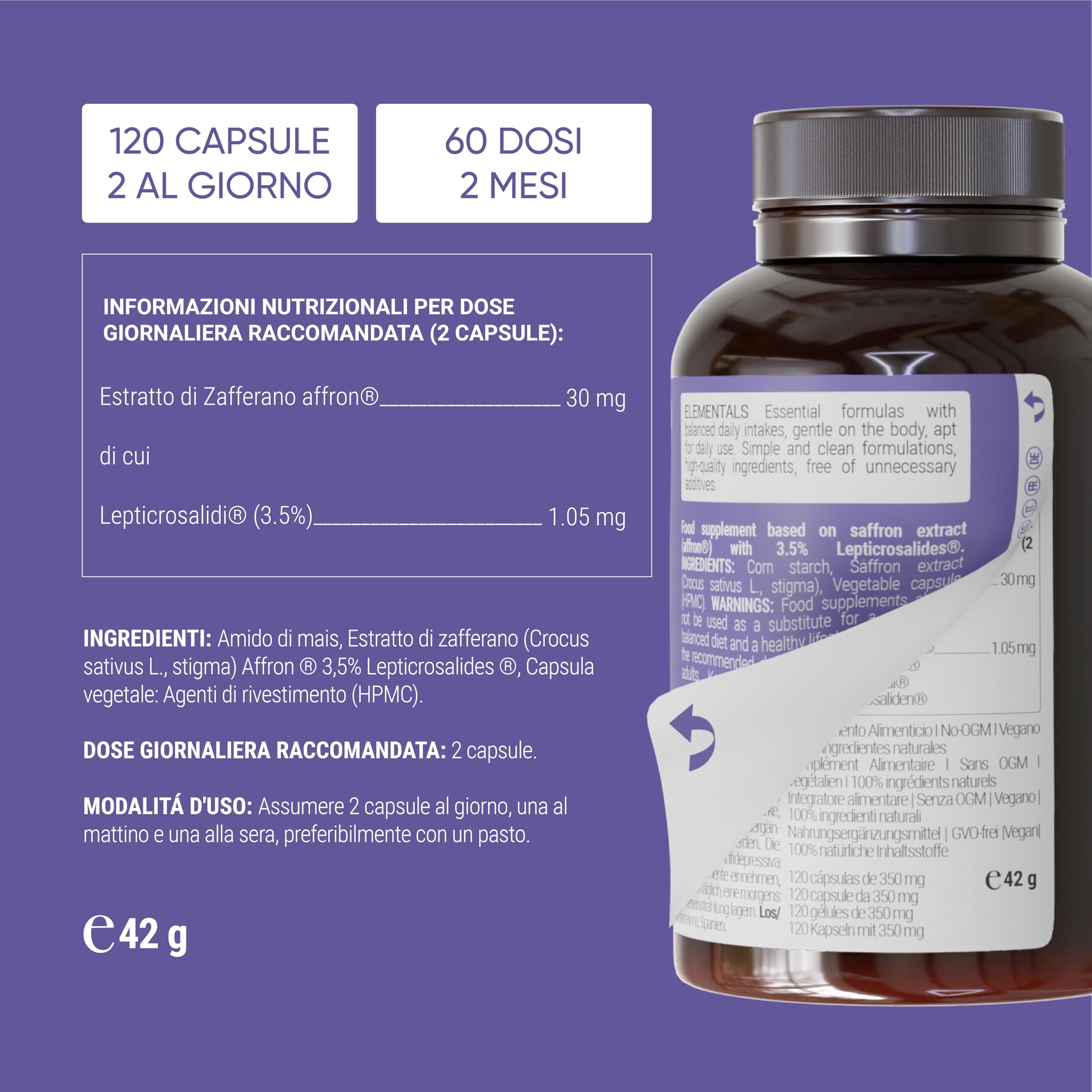 Nullure Zafferano Spagnolo Premium |Zafferano integratore brevettate Affron® | 3,5% Lepticrosalidi | Affron | Vegano e senza additivi |Umore · Stress · Ansia | Estratto di Affron puro | 120 capsule