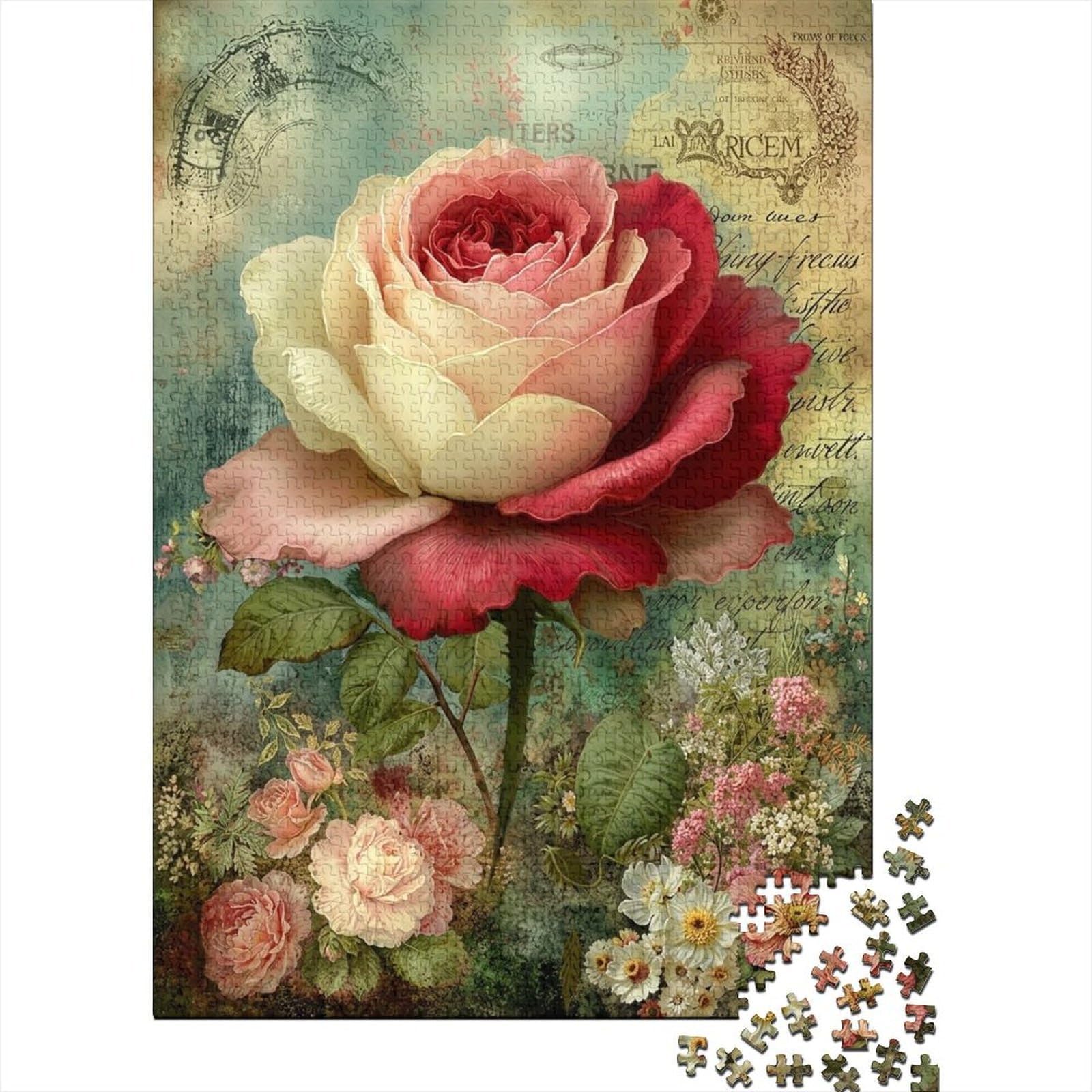 rose 1000 Piece Jigsaw Puzzle paperboard for adults vintage garden art hand drawn elegant floral Home Decoration