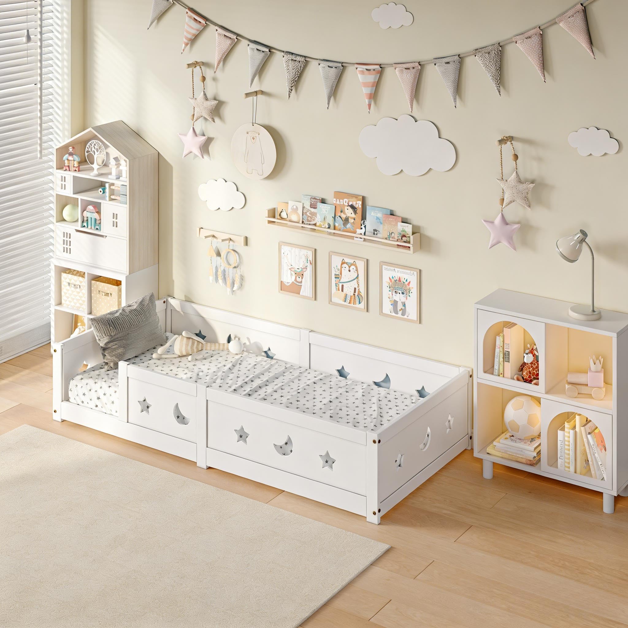 PerGar Bodenbett 90x200 cm, Montessori Kinderbett mit Rausfallschutz & Lattenrost, Sicheres Kleinkindbett, Kiefer Massivholz, Kinder Bett für Jungen & Mädchen, Weiß