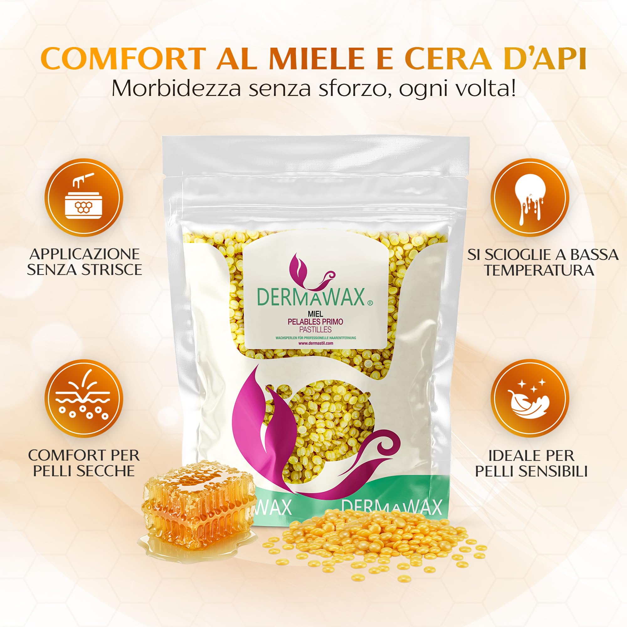 Dermawax 1kg Cera Brasiliana al Miele – Depilazione a Caldo Senza Strisce per Viso, Ascelle, Gambe e Linea Bikini – Formula Professionale Made in Italy per Pelli Sensibili – Risultati Lisci e Duraturi