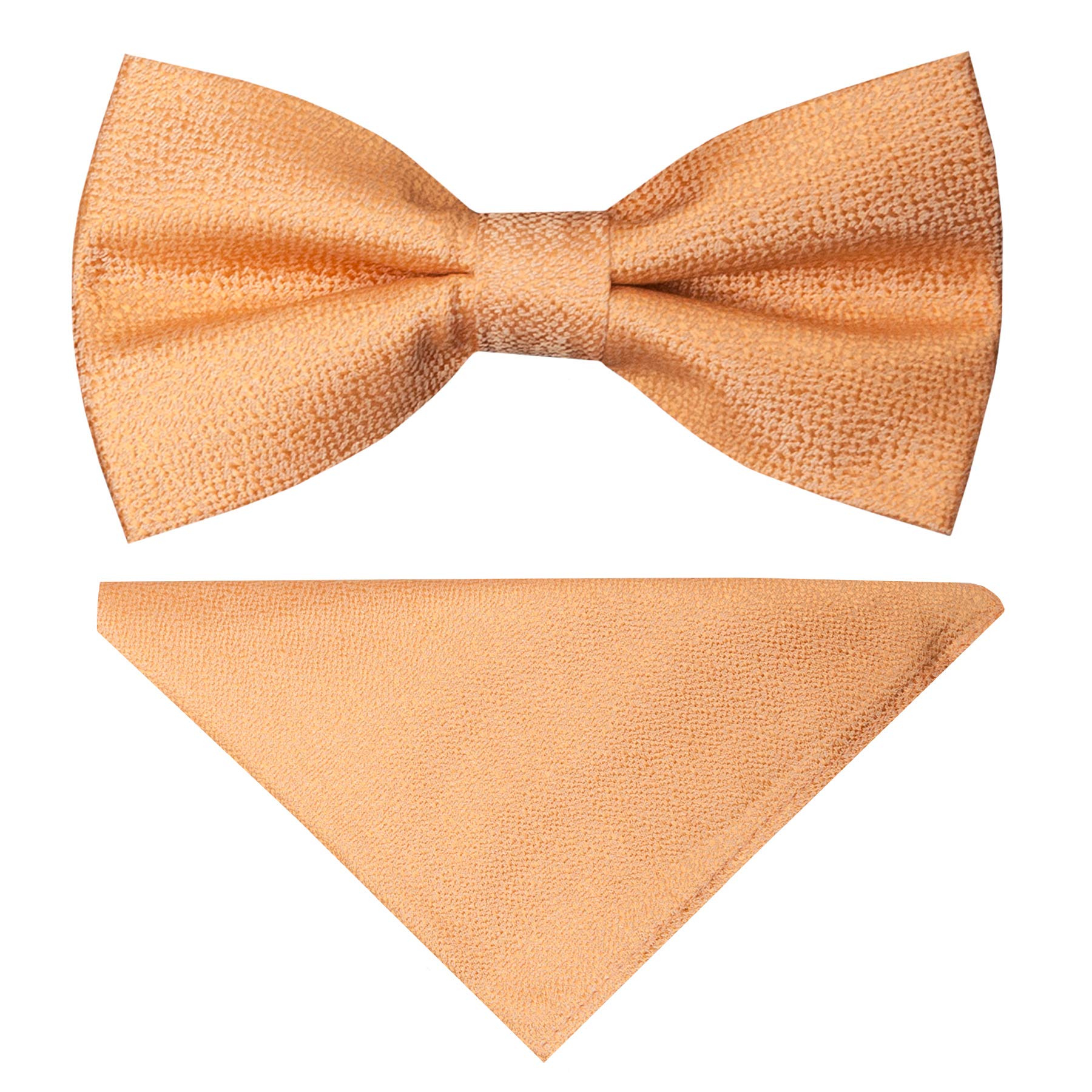 TIES R US Plain Peach Textured Silk Mens Bow Tie and Pocket Square Set