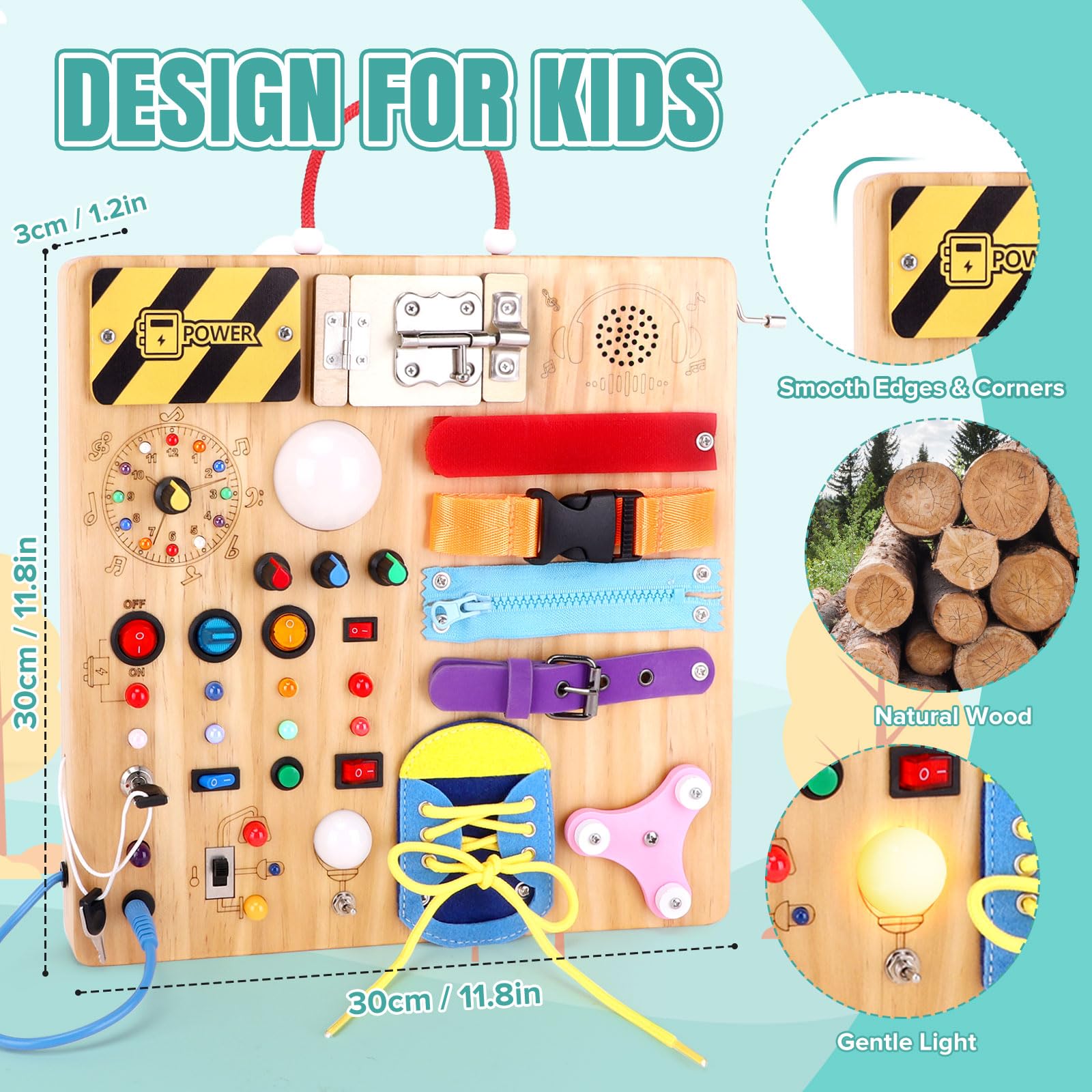 Montessori Busy Board 23 en 1 pour les tout-petits à partir de 1 an, jouet en bois, avec 15 interrupteurs, 26 lumières LED, boîte à musique, fermeture éclair et serrure, jouet sensoriel pour enfants