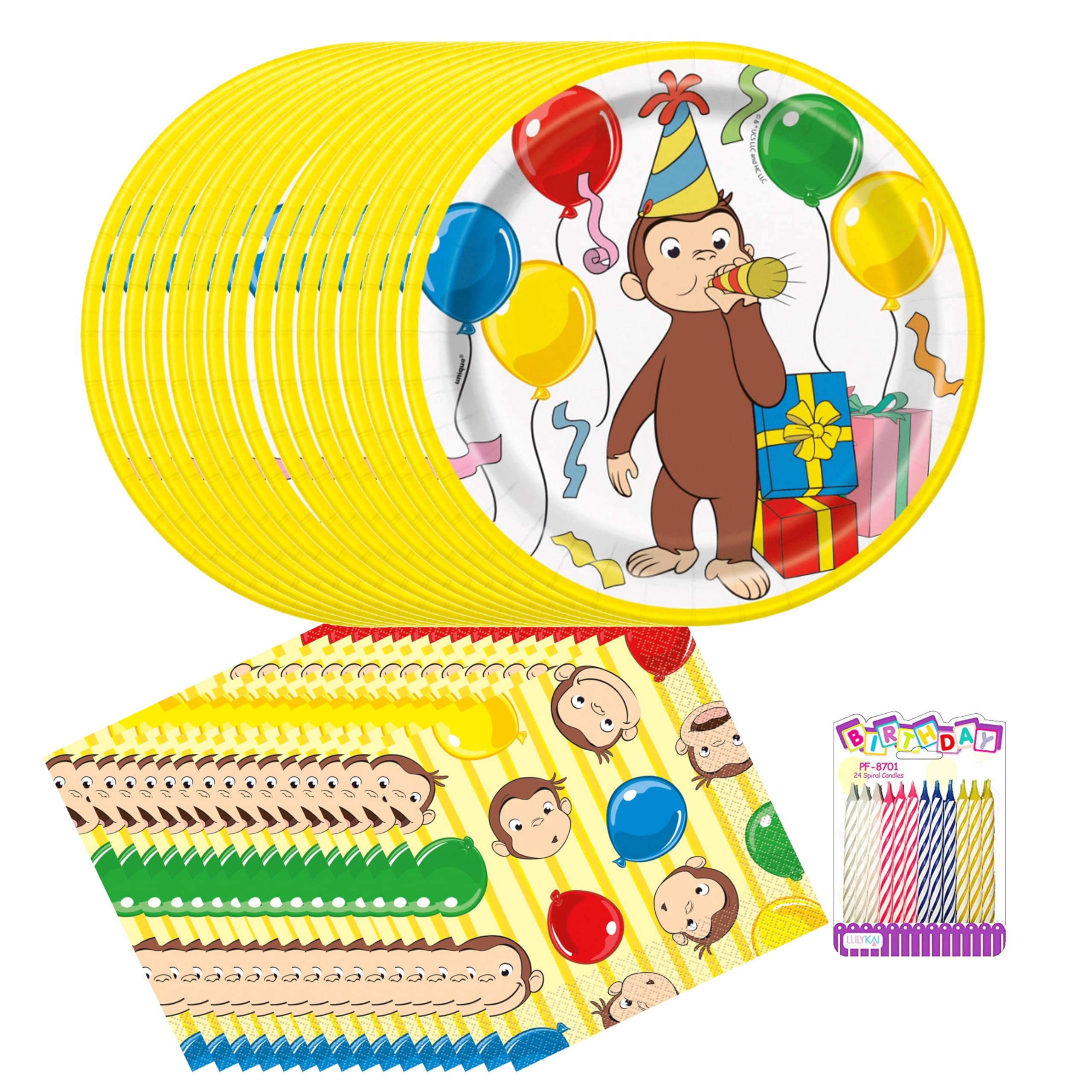 Curious George Party Supplies Pack for 16 Guests – 7" Dessert Plates & Luncheon Napkins, Includes Birthday Candles