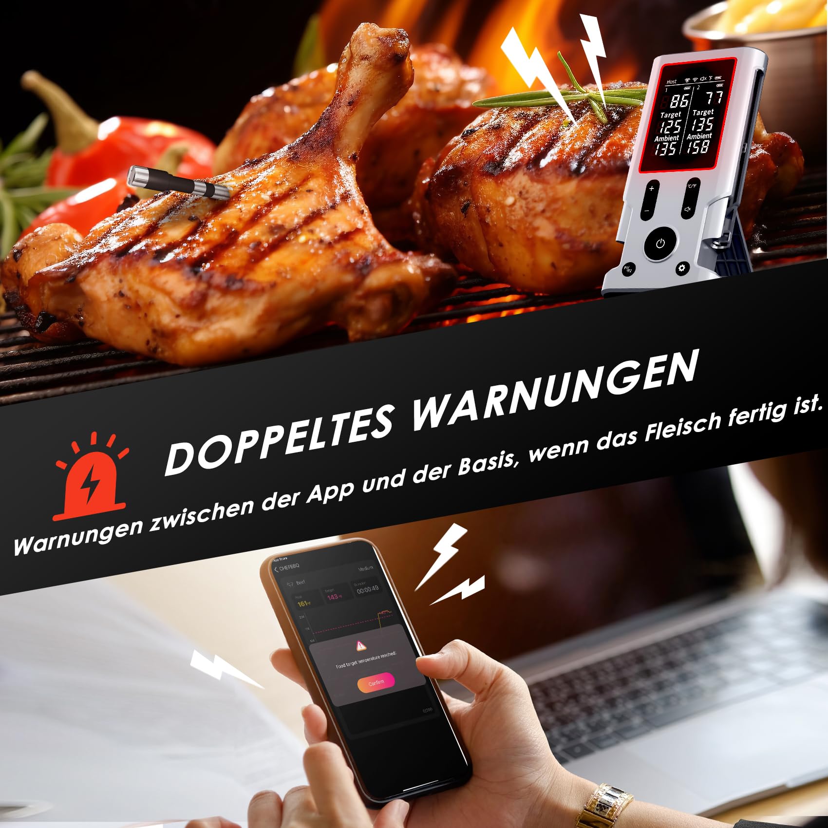 Termometro per carne, senza fili, Bluetooth, con app IP67, impermeabile, senza fili, per forno, barbecue, affumicatore, forno