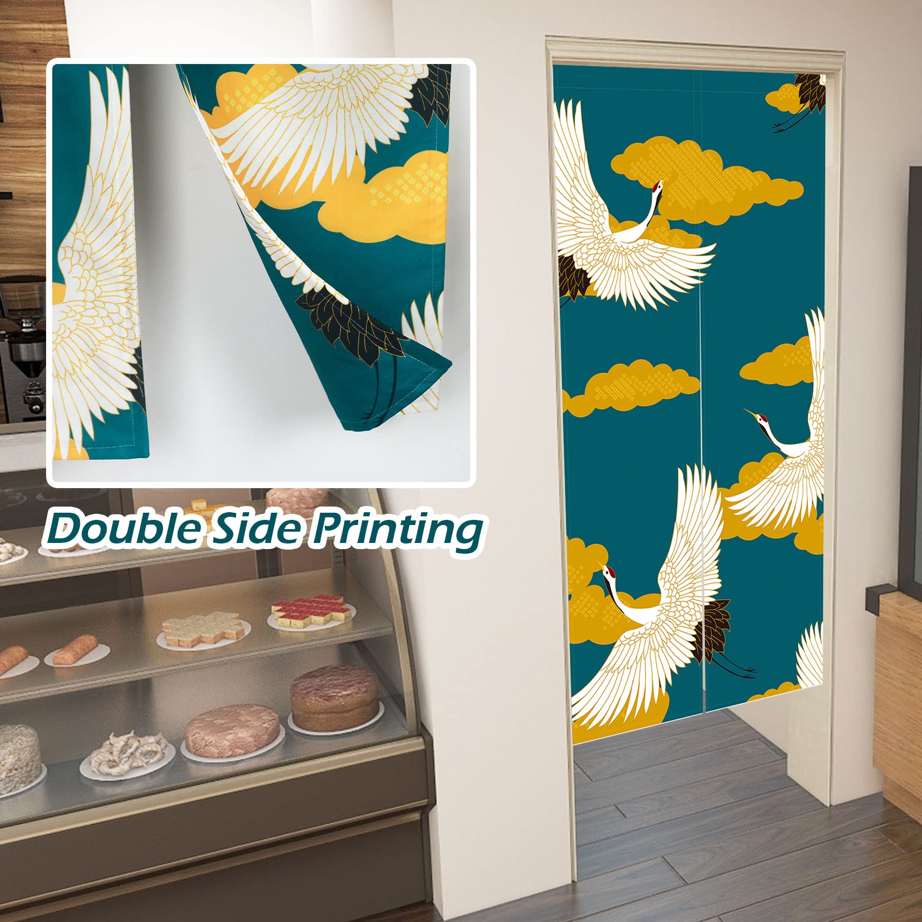 LIGICKY Japanischer Stil Dick Noren Lang Vorhang Doppelseitig Druck TürVorhang Raumteiler Tapisserie für die Heimtextilien 85 x 180 cm, Grün (Gekrönten Kran Floral Moon)