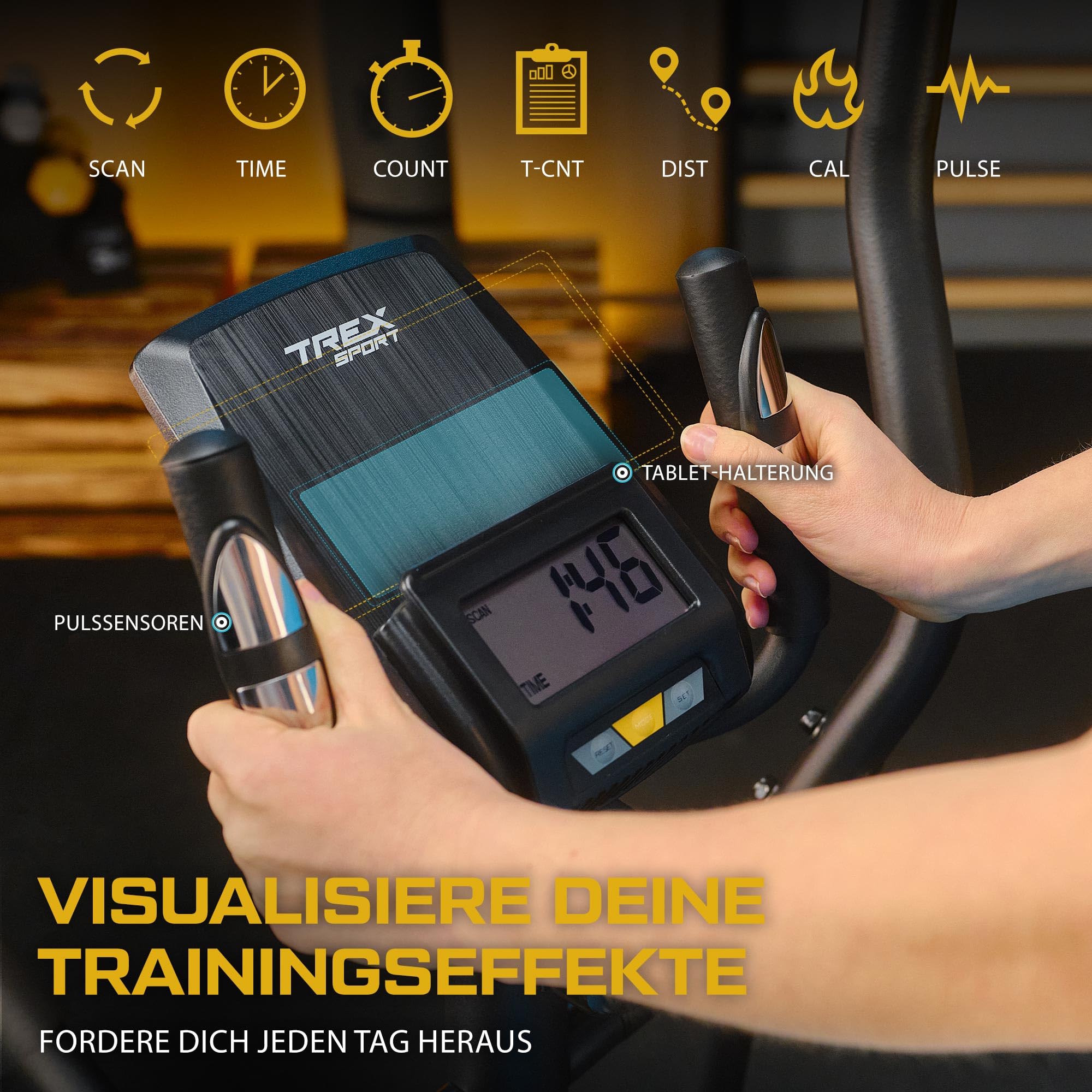 TREX SPORT Crosstrainer für zuhause TX-400CT Dash | Ellipsentrainer mit 10-stufigen Widerstand, Pulssensoren, Display, Tablet-Halterung | leise, bis 120kg
