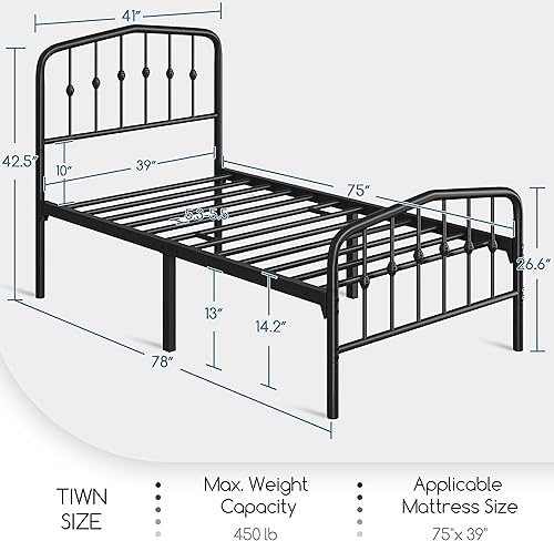 Miniatura 2 de Yaheetech Marco de cama individual, cama de plataforma de metal con cabecera y estribo de hierro forjado de estilo victorianofácil montajeno