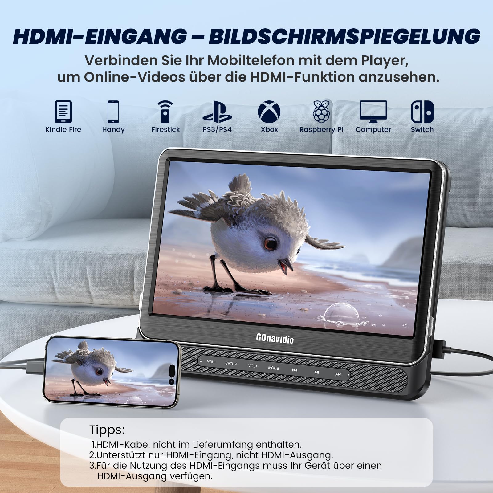 12'' Auto DVD Player für Kinder mit HDMI-Eingang, Tragbarer DVD-Player unterstützt USB/TF-Karte, AV-EIN- und -Ausgang, regionenfrei, letzter Speicher