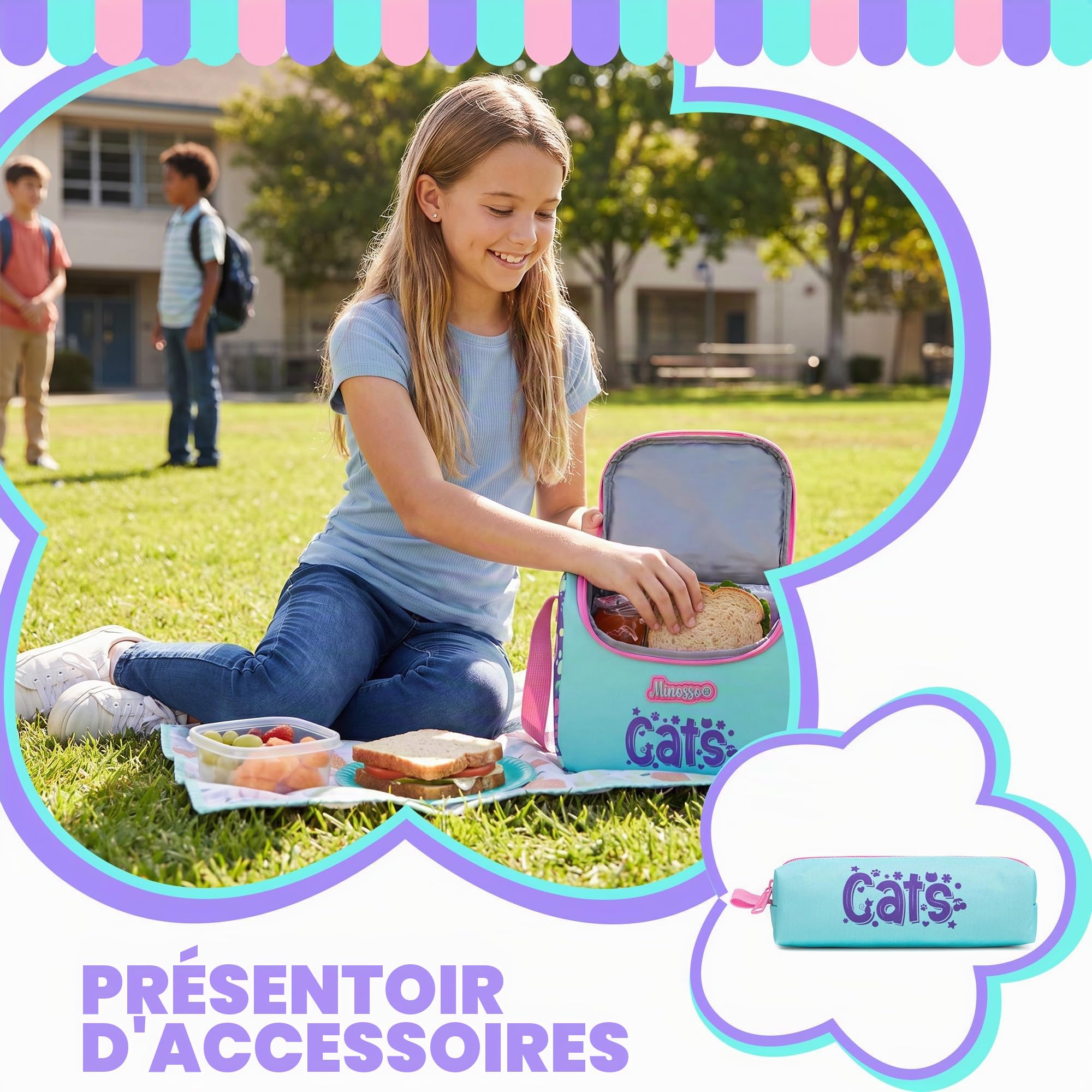 HTgroce Sac à Dos à Roulettes Fille Primaire Chat– Cartable a Roulette Fille – Idéal pour CP CE1 CE2 CM1 CM2