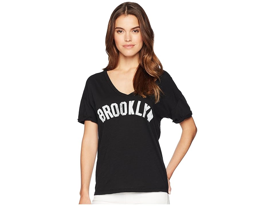 

The Original Retro Brand Brooklyn Rolled Short Sleeve Slub Boyfriend V-Neck (Black) Women's Clothing