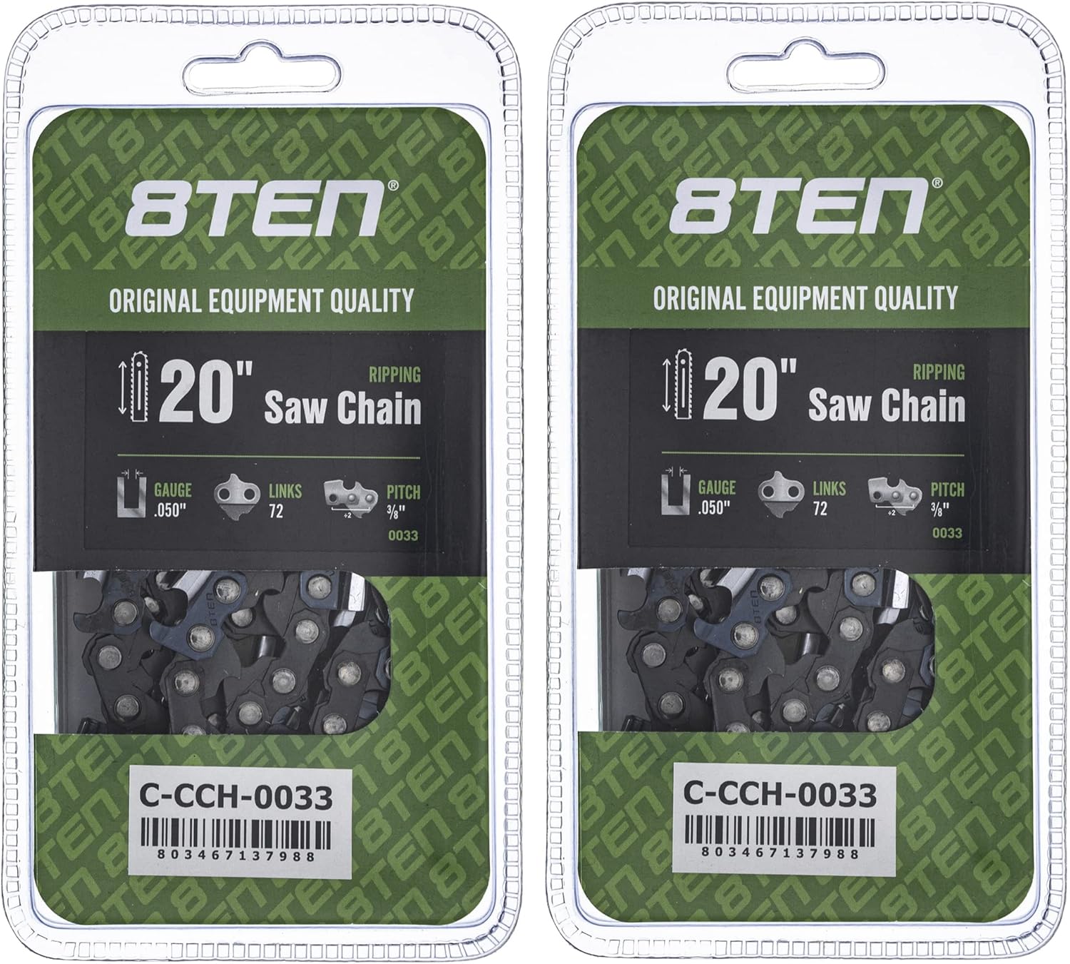 8TEN Ripping Chainsaw Chain 20 Inch .050 3/8 72DL for Husqvarna 455 Rancher 372XP Stihl MS 270 Poulan PP5020AV (2 Pack)