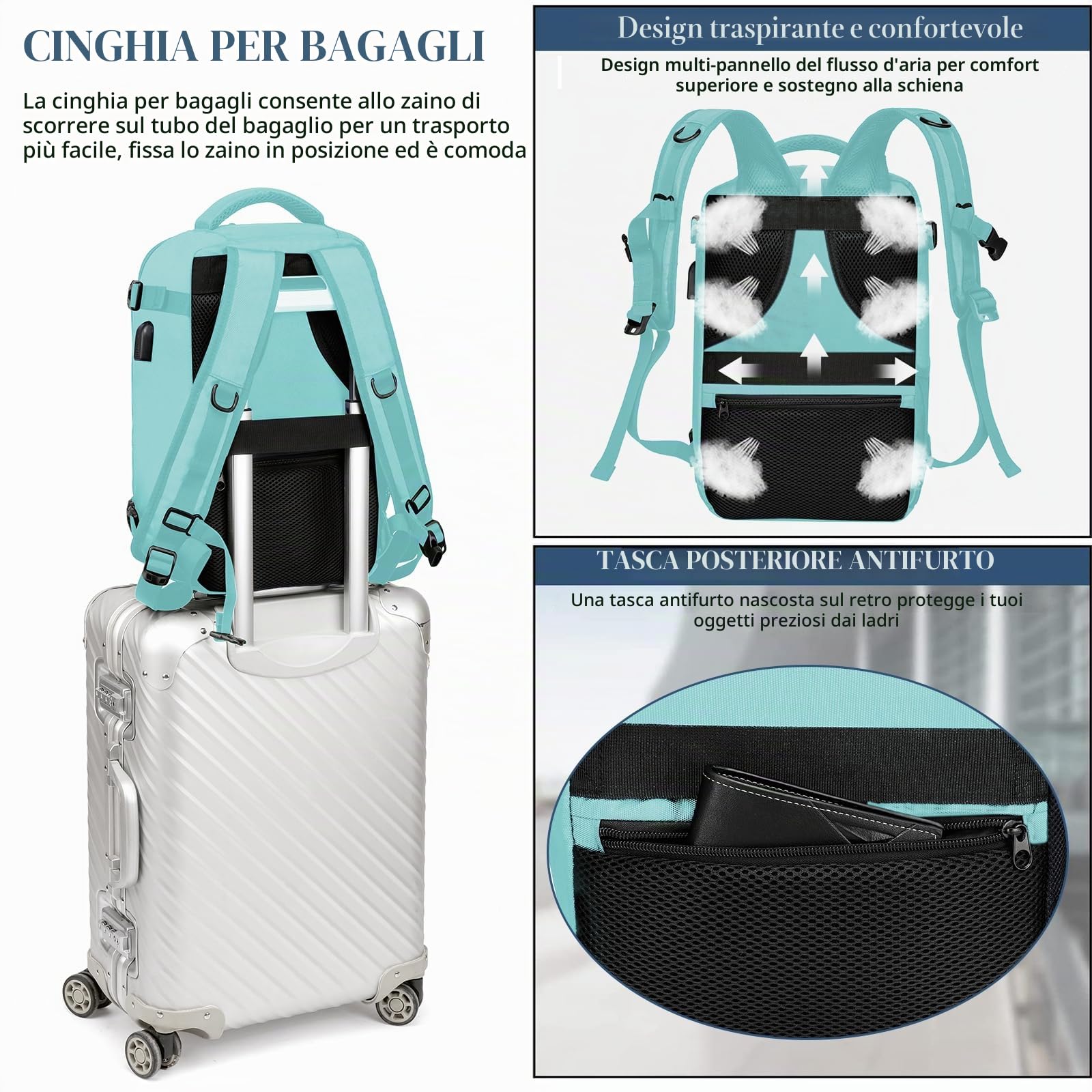 EZUOLA Zaino da Viaggio Aereo 20L Bagaglio a Mano Ryanair 40x20x25 Borsa da Cabina Porta PC USB Verde