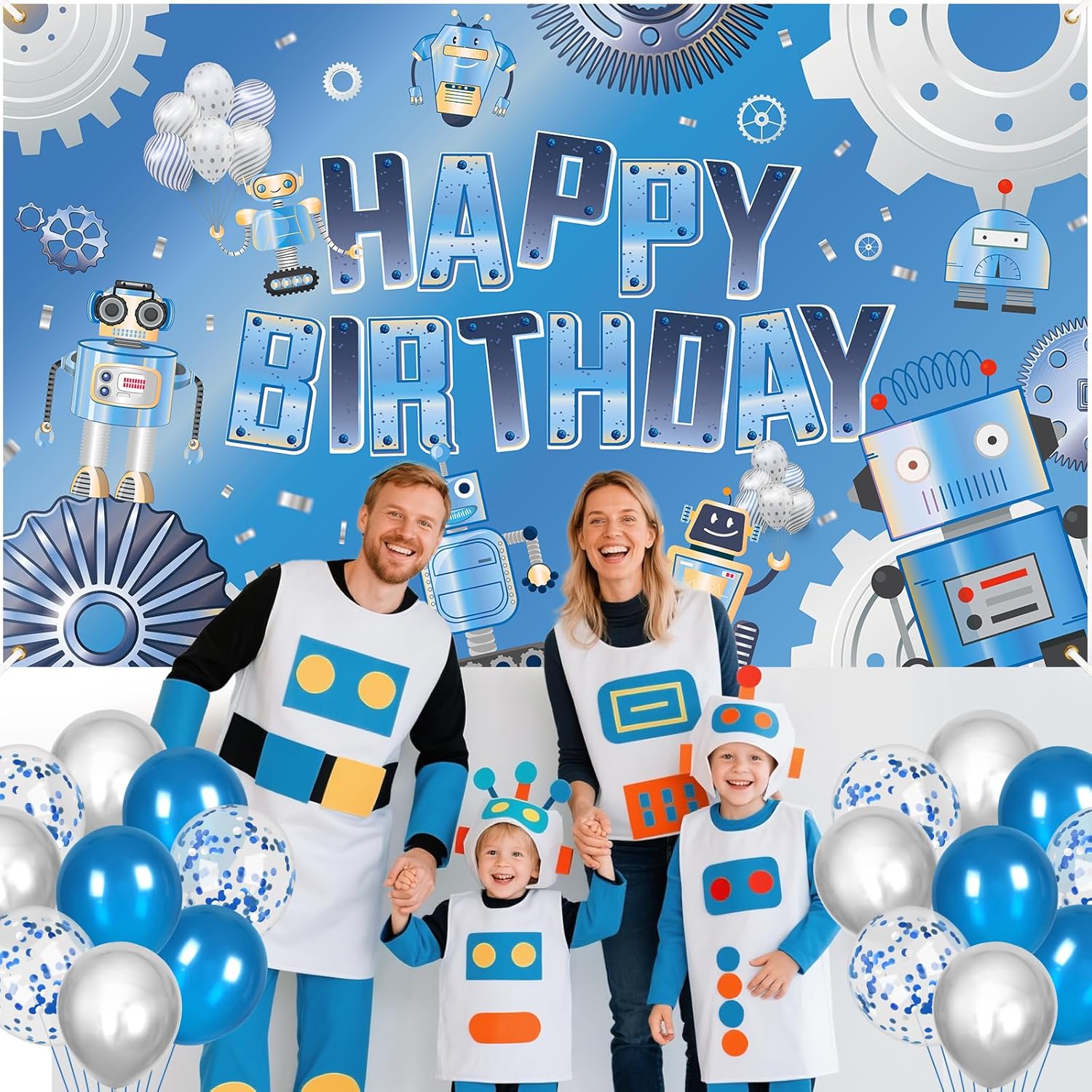 Robot Happy Birthday Banner Decorations Technological Robot Birthday Backdrop Photo Background and 18Pcs Balloons Robot Party Decorations for Kids Indoor Outdoor Party Decoration 70.8 x 43 Inch