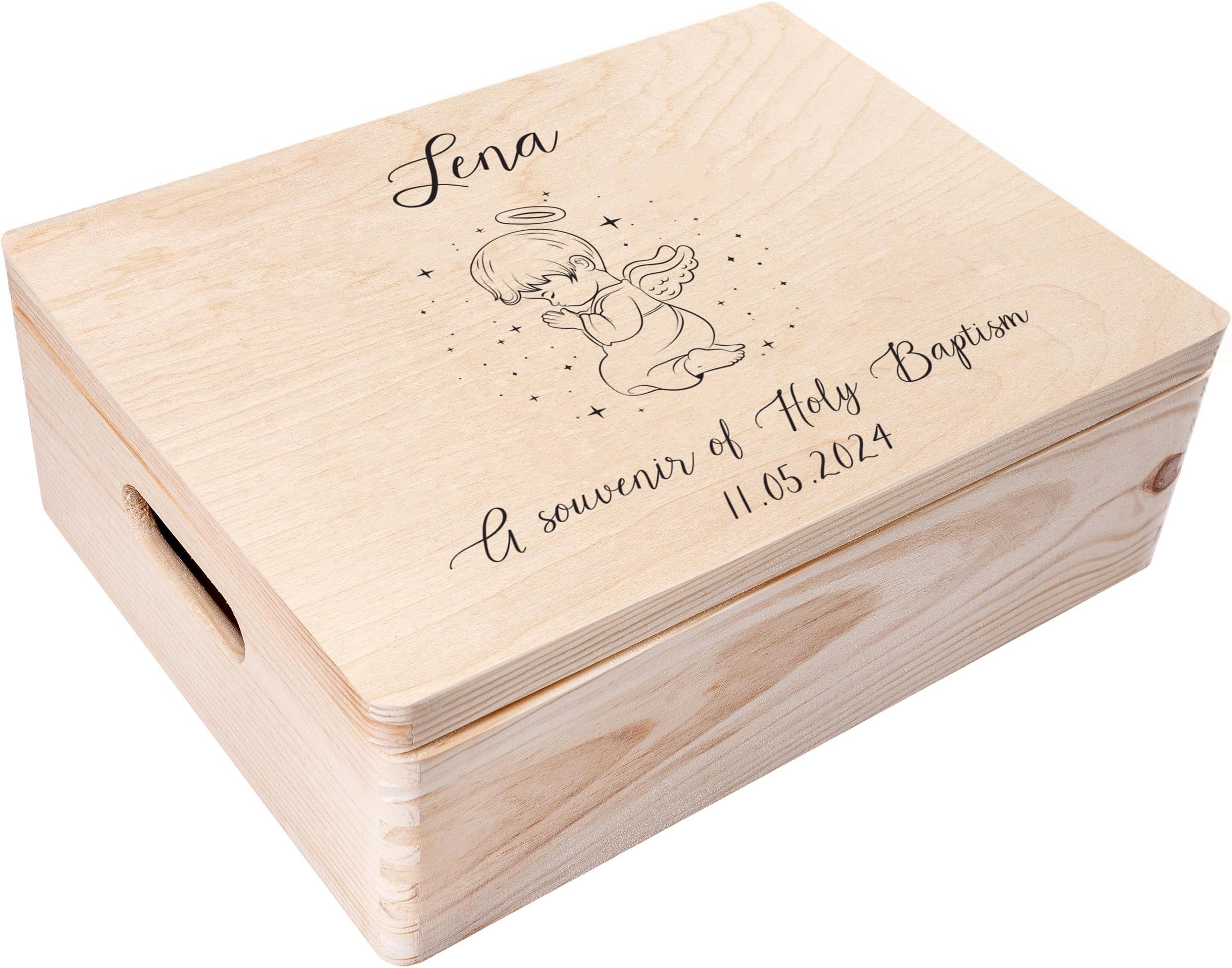 Personalized Wooden Storage Box Baptism Box | 15.8x11.8x5.5in (+-0.5) | Candle | Hinged Lid Handles Engraving | Unpainted Gift Box | Rough UNSANDED Keepsake Souvenir Chest
