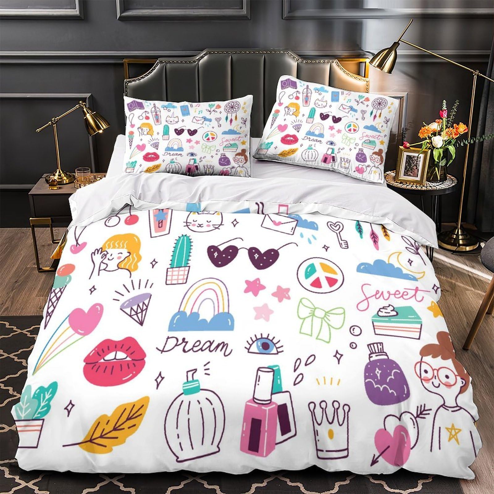 Fantasia 3D Stampata Ragazza Set Copripiumino Microfibra Morbido Decorazione Camera da Letto Set Biancheria per Tutte le Età Casa King（220x240cm）