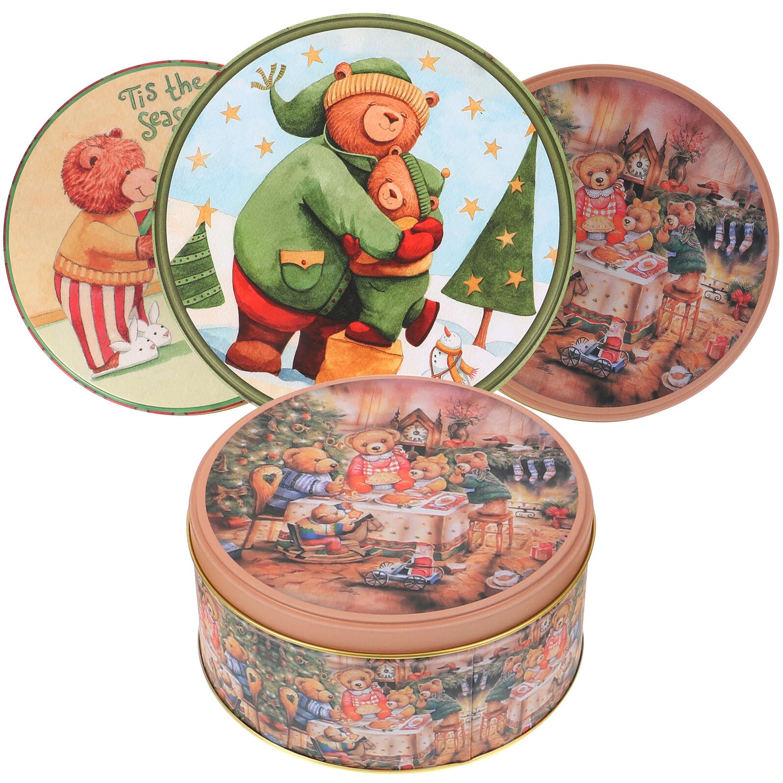 HOODANCOS Caja de Dulces Navideña de Hierro Pequeña 4 Piezas Diseño de Osos Estuche para Galletas y Snacks Adecuado para Fiestas de Navidad y Celebraciones