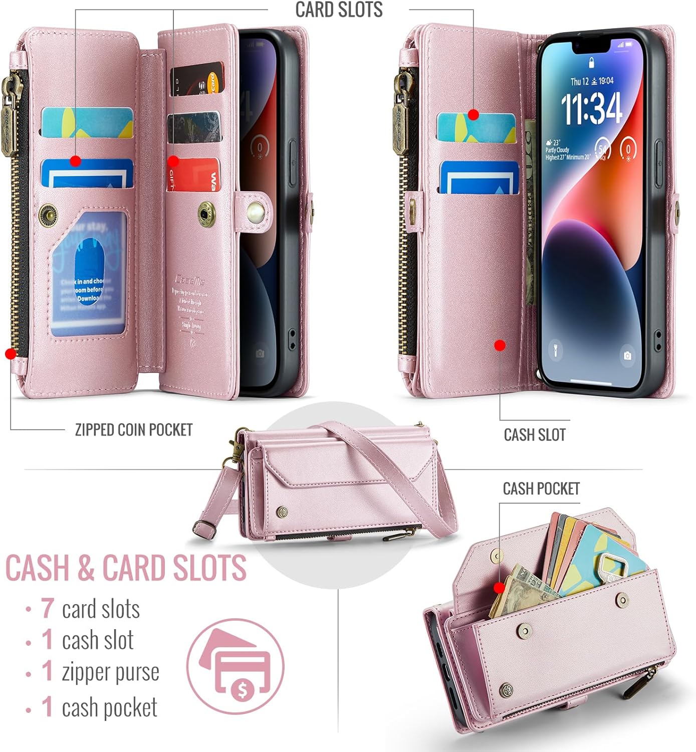 for iPhone 14 Case, Crossbody Wallet Phone Case with RFID Blocking Kickstand, Anti-Drop Wireless Charging Card Slots, PU Leather Shoulder Bag Clutch Adjustable Strap, Pink for Women