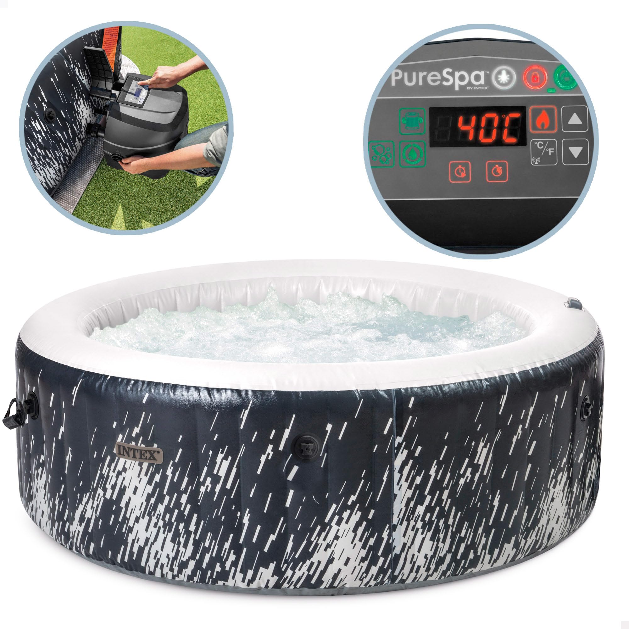 INTEX PureSPA Bubble Glow Deluxe In- & Outdoor Whirlpool aufblasbar für 4 Personen mit Ambientelicht (196x71cm) Wasserenthärtungs- & Salzwassersystem - 140 Massagedüsen - 2200 W Heizsystem (28494NP)