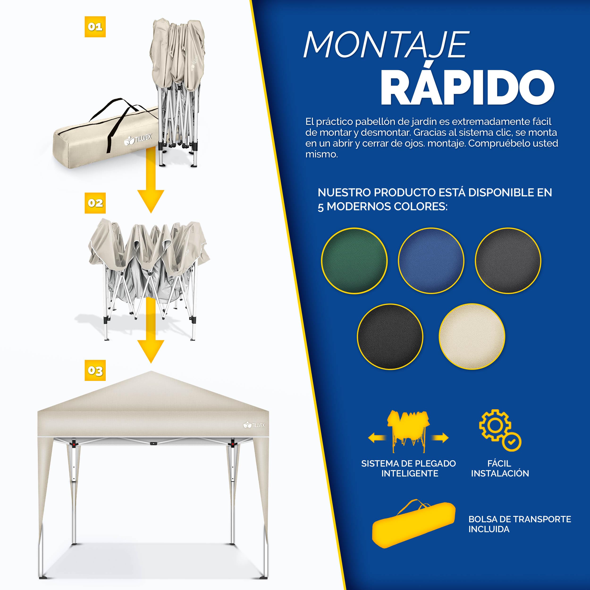 tillvex Gazebo Plegable Cenador 3x3m Impermeable | Pabellon de Jardin Pop-up Regulable en Altura | Carpa de jardín protección UV 50+ | Cenador de Fiesta con Bolsa (Beige)