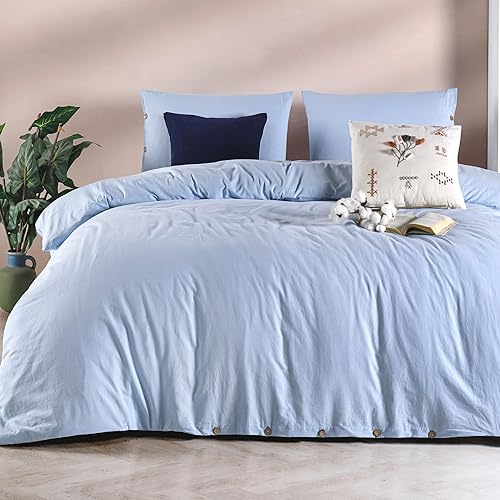 Miniatura 2 de Juego de funda de edredón %100 % de algodón natural, tamaño Queen, color azul aciano, similar al lino, juego de ropa de cama lujoso, suave y cómodo