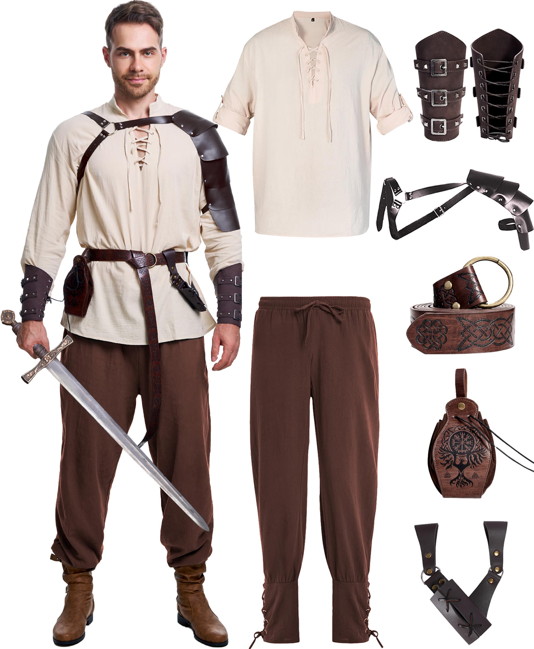 Vanderdyken8 Pcs Renaissance Costume for Men Medieval Pirate Shirt Pant with Viking Belt Bracer Bag Scabbard and Shoulder Armor (Vintage Color, XX-Large)
