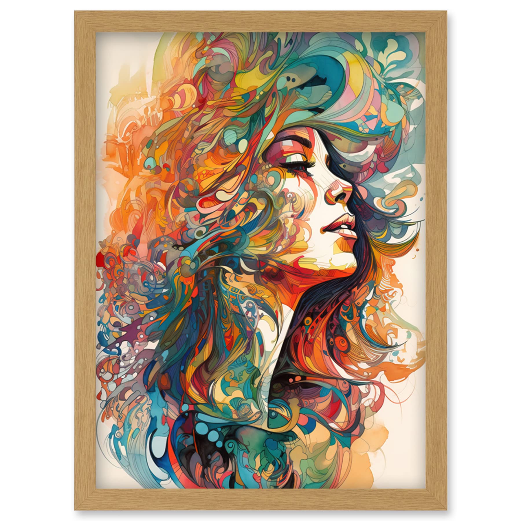 Artery8 Iris Goddess of Rainbows Multicoloured Flowing Hair Deity Portrait Modern Watercolour Illustration Artwork Framed Wall Art Print A4