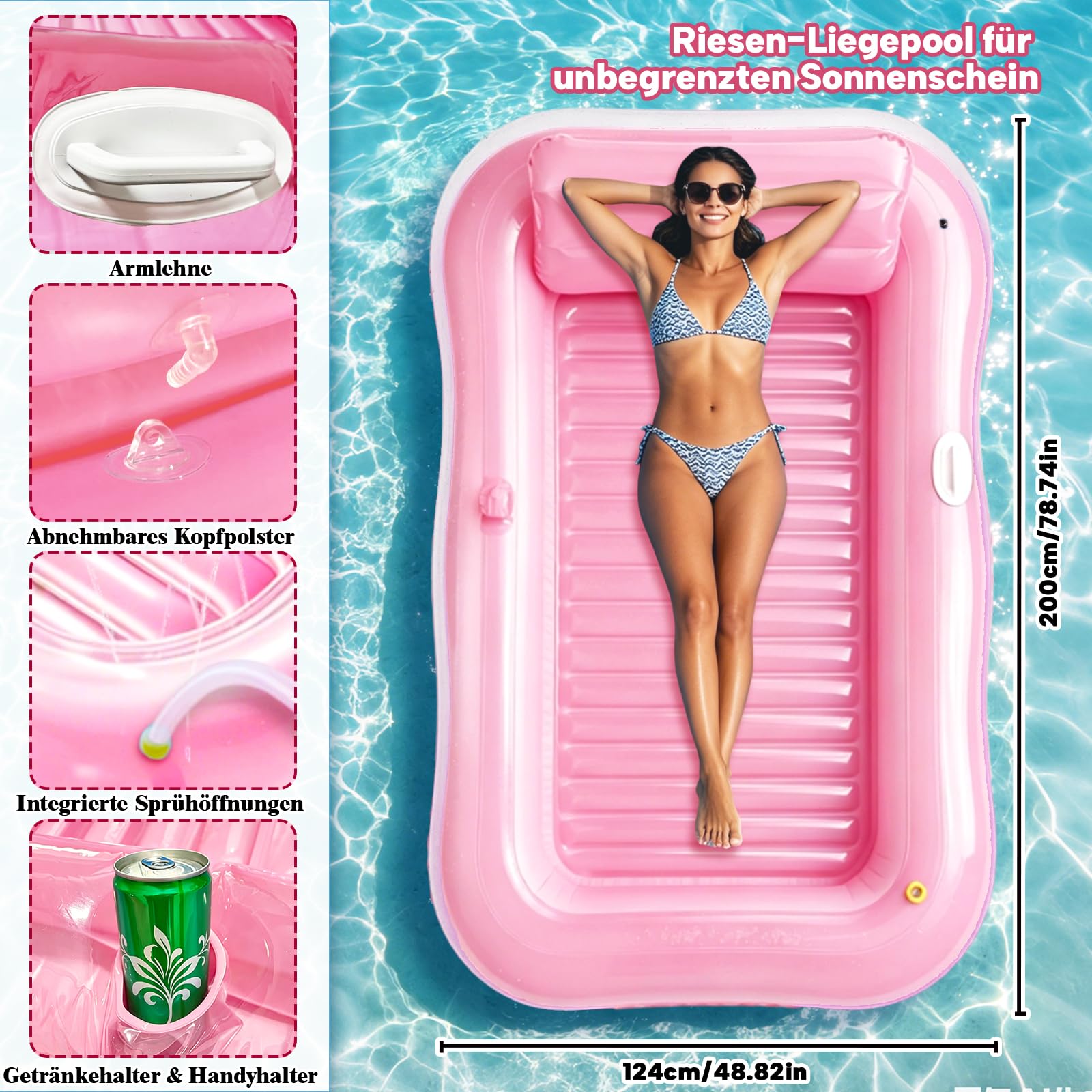 Aufblasbare Tanning Pool, Aufblasbarer Luftmatratze Pool Erwachsene, Aufblasbares Sonnenpool mit Kissen, Luftmatratze Wasser mit Eingebautem Sprinkler für Erwachsene Badebett & Wasserparty