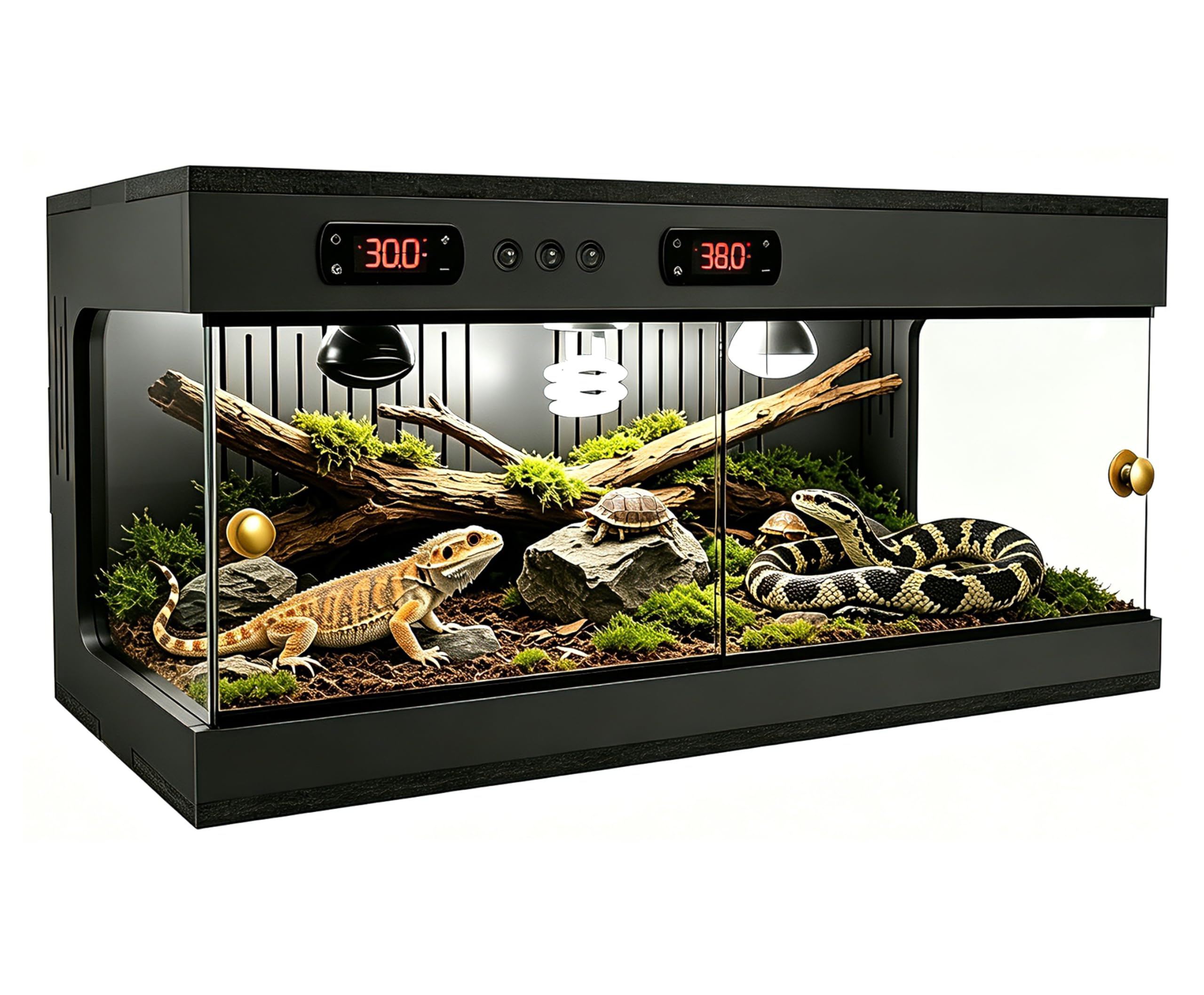 Terrario per rettili, 80 x 40 x 40 cm, con doppio termostato e portalampada in ceramica, ventilazione su 3 lati, recinzione impilabile in vetro per rettili per draghi barbuti, serpenti, rane