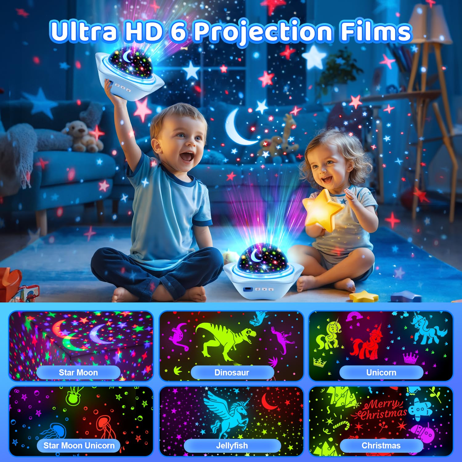 Proiettore Stelle Soffitto, 96 Modalità Proiettore Stelle Soffitto Bambini, 6 Films+2400mAh Proiettore Soffitto, 360° Proiettore Bambini,Luce Notturna Bambini Stelle Luminose Cameretta Regalo Natale