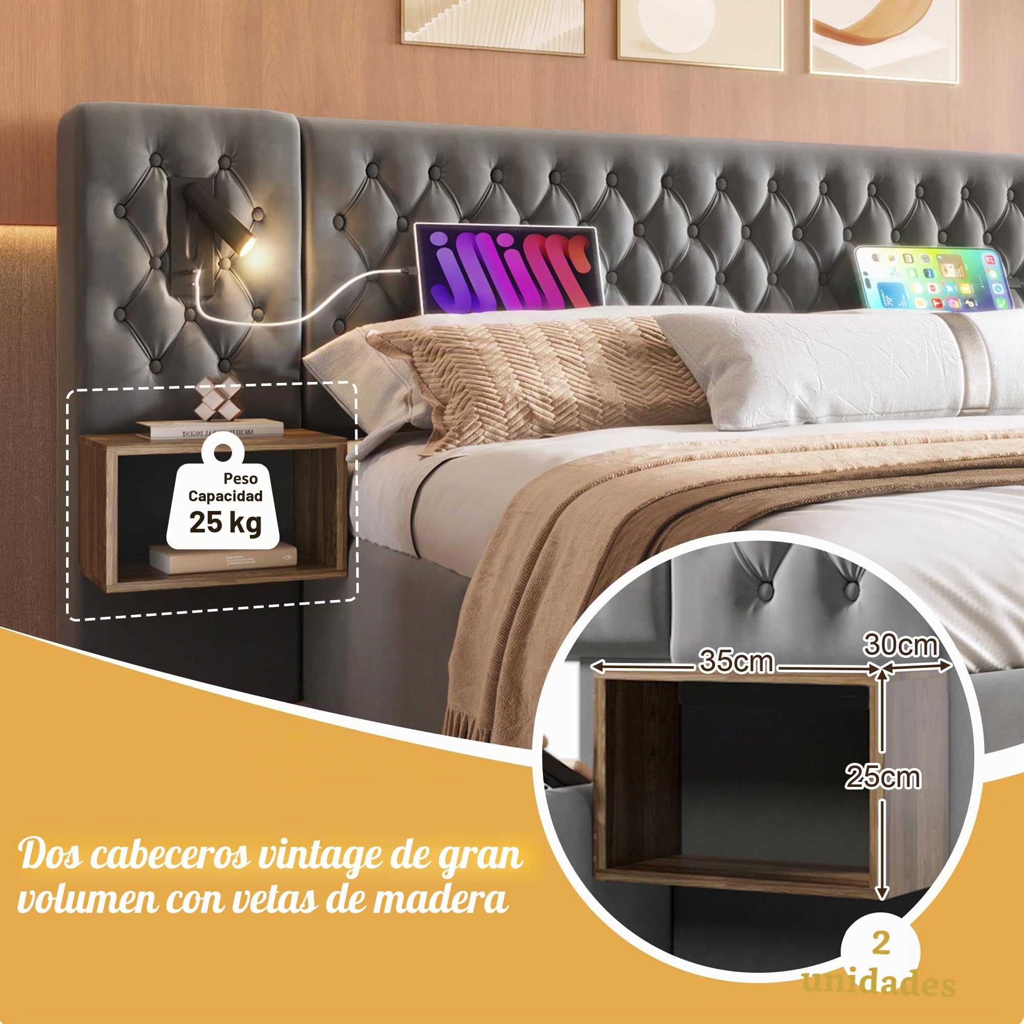 Set completo para dormitorio, cama tapizada matrimonial 180×200 cm con 2 mesitas de noche y 4 cajones, cabecero con luz de lectura y función de carga USB, en terciopelo, sin colchón