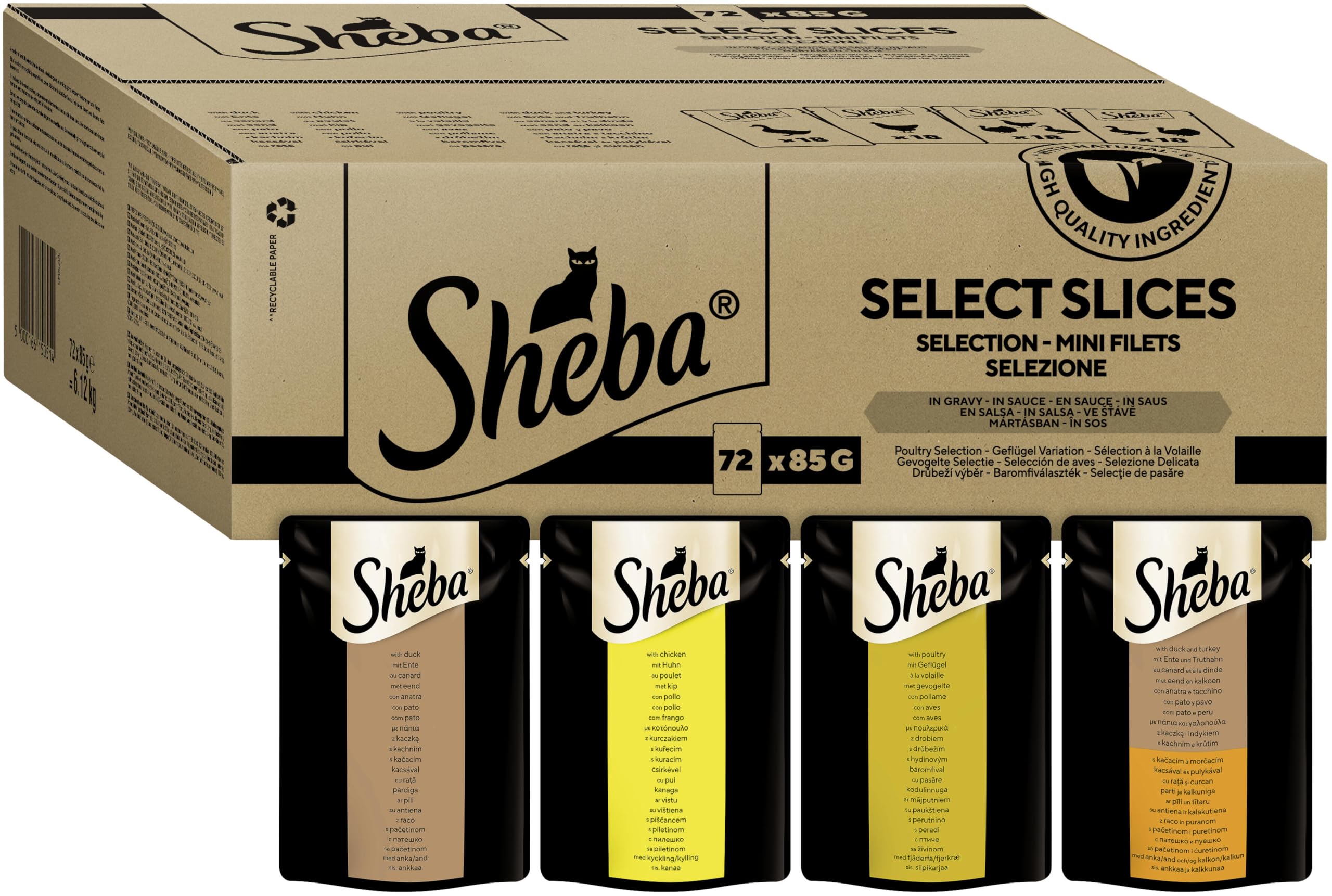 Sheba She Selezione in Salsa Pollo, Tacchino, Pollame, Anatra 85 g x 72, Selezione di Pollame, 85 g (Confezione da 72)
