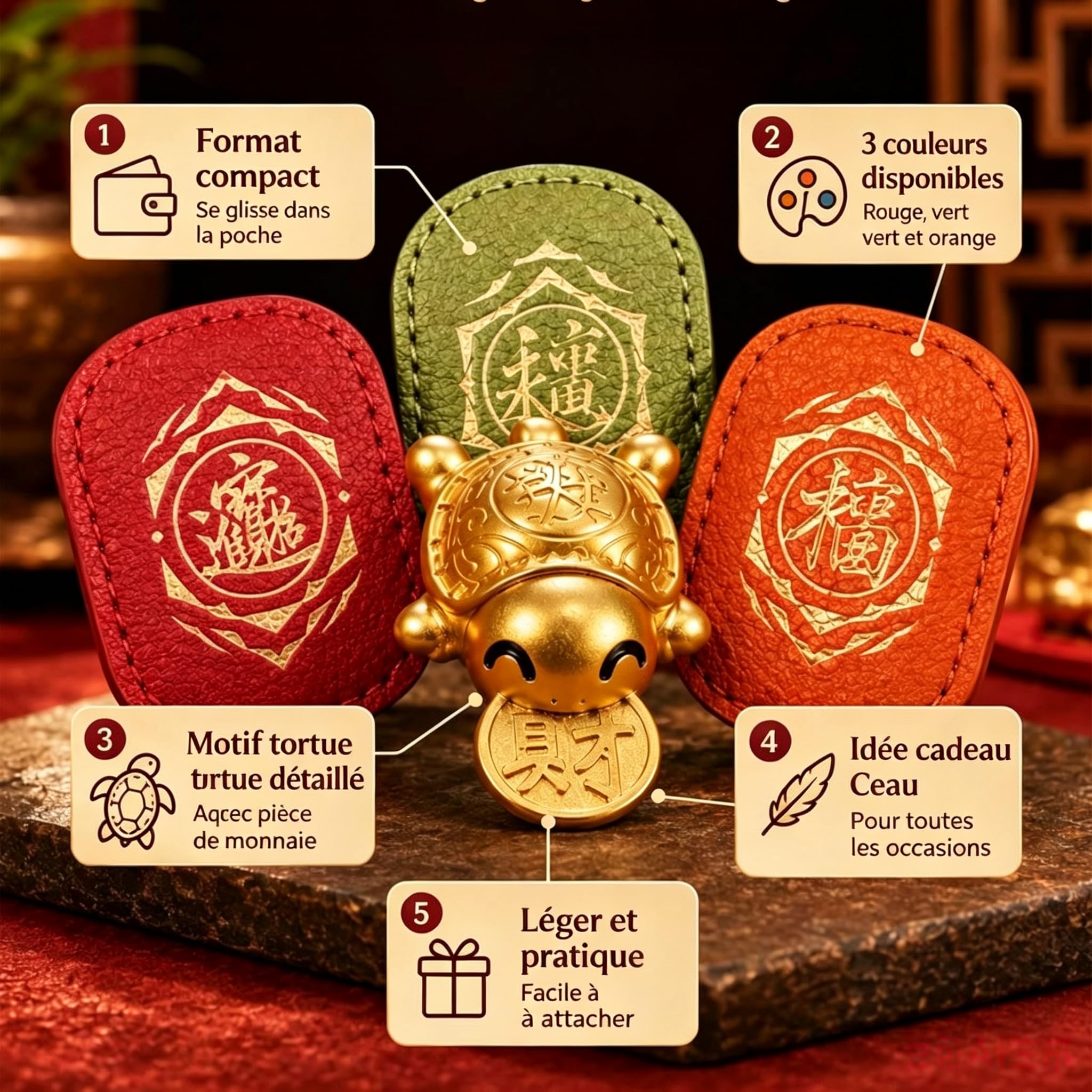 Złoty żółw ze skórzanym etui, symboliczny urok do portfela lub torby, prezent powodzenia i pomyślności dla mężczyzny, kobiety, zielony, Mały rozmiar, Tradycyjny / Symboliczny