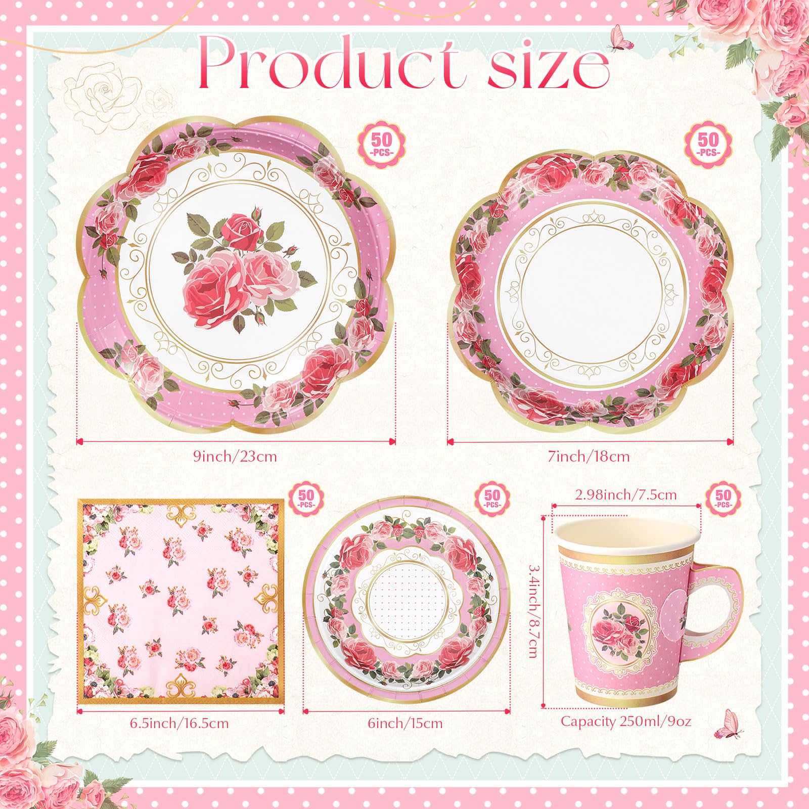 Honeydak 250 Pcs Tea Party Disposable Cups and Saucers Set Floral Tea Party Supplies 50 Guests Floral Tea Cups with Handle 9” 7” Floral Tea Paper Plates Saucers Napkins for Garden Birthday Wedding