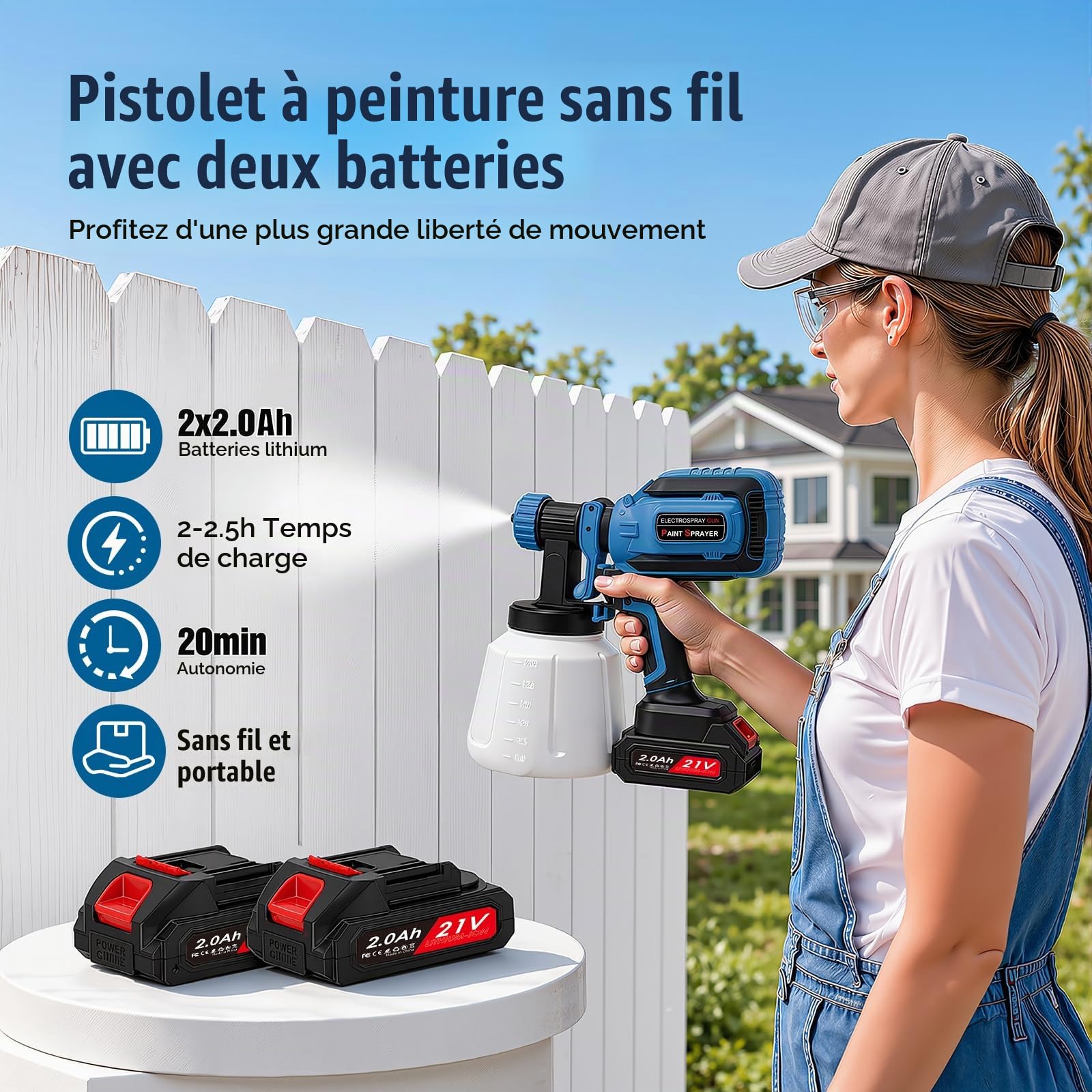 Pistolet à Peinture sans Fil 21V, 800 ML/Min Pistolet Peinture Electrique HVLP avec 5 Buses & 3 Modes de Pulvérisation, 1200 ML Réservoir, 2X Batteries 2000mAh – Idéal pour Meubles, Clôtures, Portes