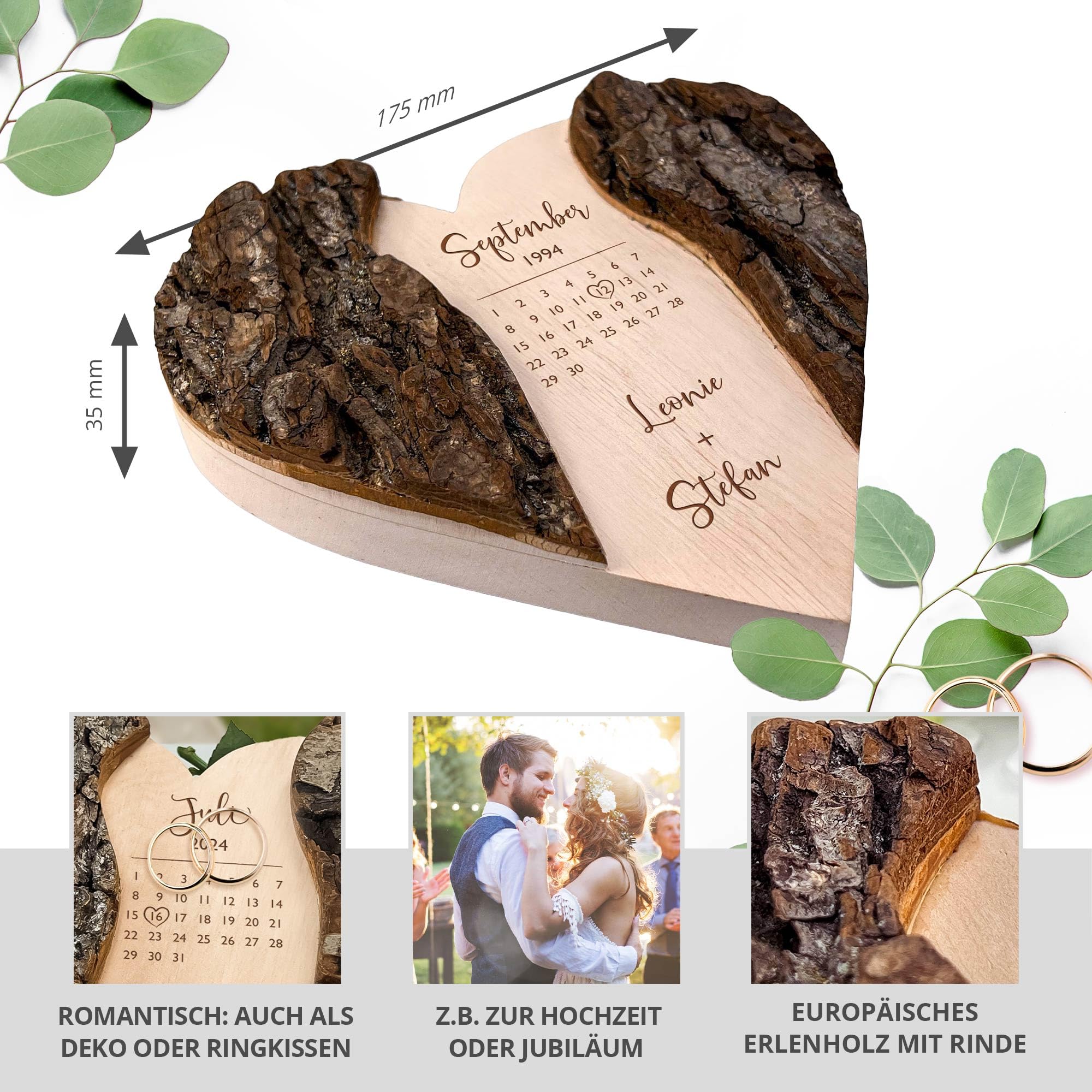Holzherz mit Gravur, Hochzeitsgeschenk mit Kalender Motiv, Personalisierte Hochzeitstag Deko, Geschenke zur Hochzeit, Holz Herz mit Rinde, Hochzeitsherz, Ringkissen aus Holz, Geschenk zum Hochzeitstag