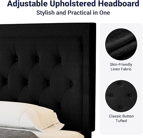 Miniatura 63 de Allewie - Base de cama copetuda, tamaño Matrimonial, con plataforma, tapizado de tela, con botones y cabecera ajustable, soporte con rejilla de Gris